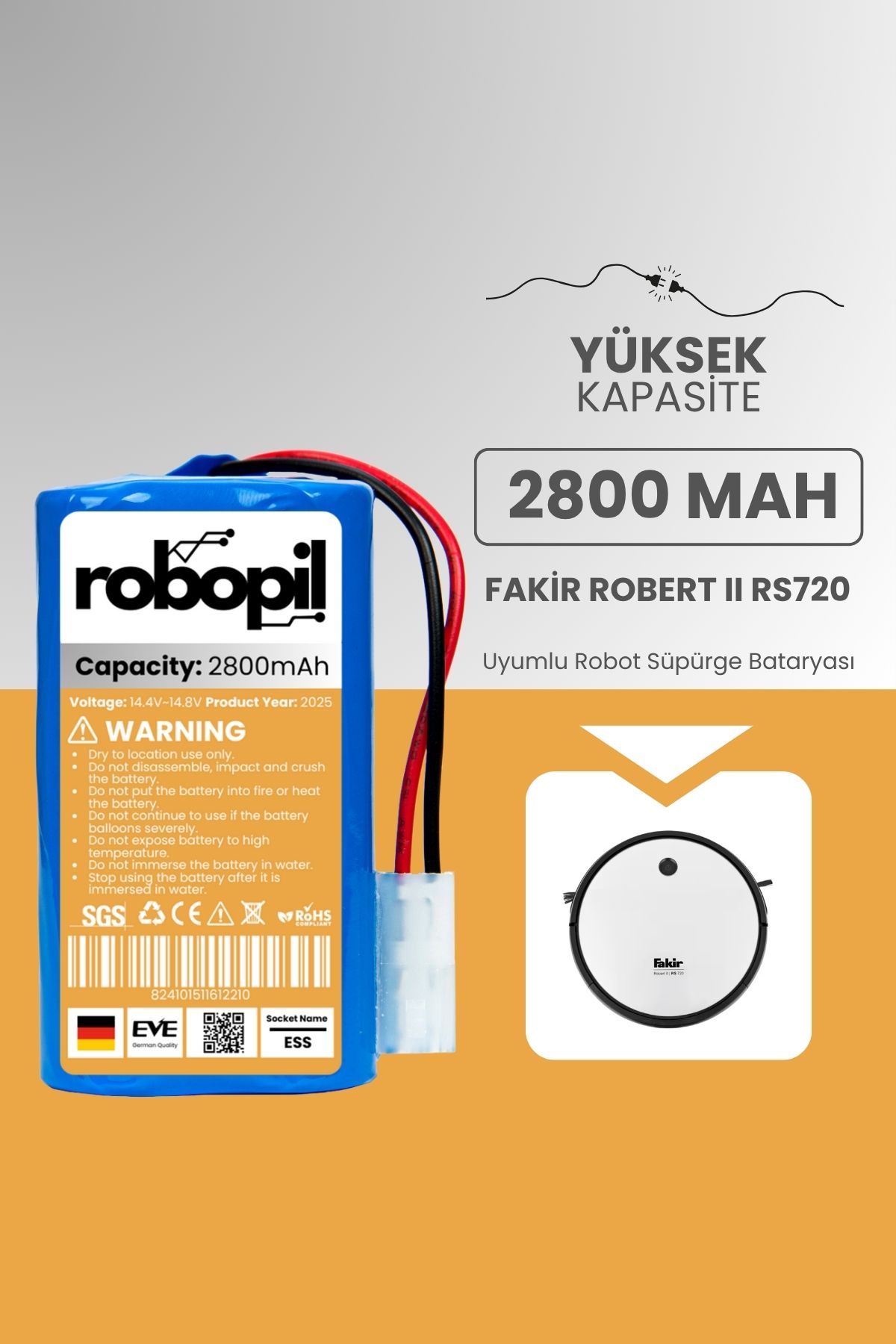 ROBOPİL Fakir Robert Iı Rs720 Uyumlu Batarya (YÜKSEK KAPASİTE) 2800mah Pil Robot Süpürge Bataryası
