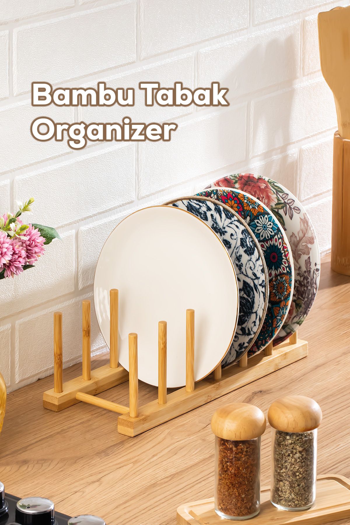 Porsima 2077 Mutfak Organizeri Ahşap Mutfak Düzenleyici Ahşap Tabaklık Ahşap Bardaklık Tabak Standı 29x12cm