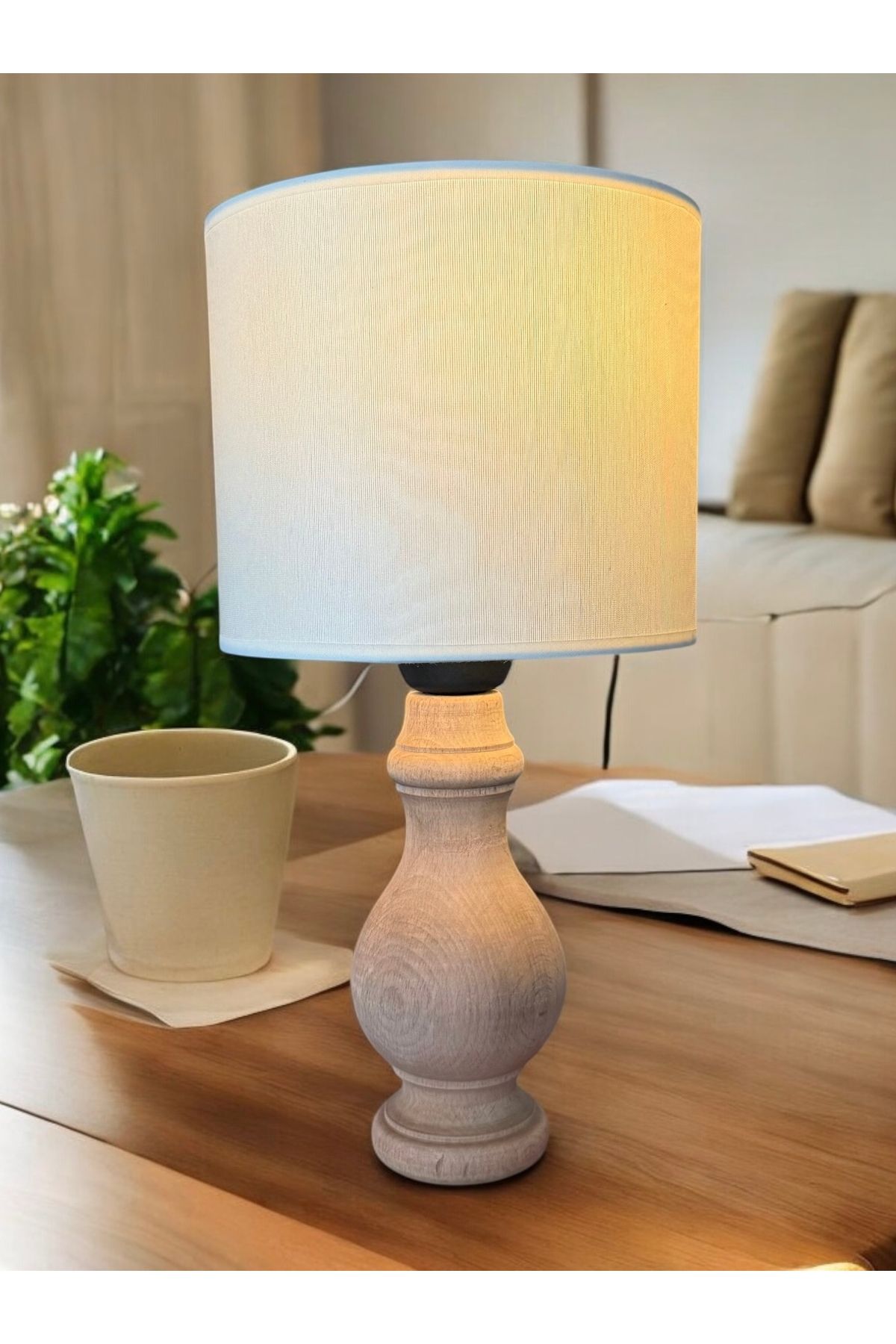 burenze Modern Ahşap Abajur Krem Abajurlu Yatak Odası Abajur Salon Abajur