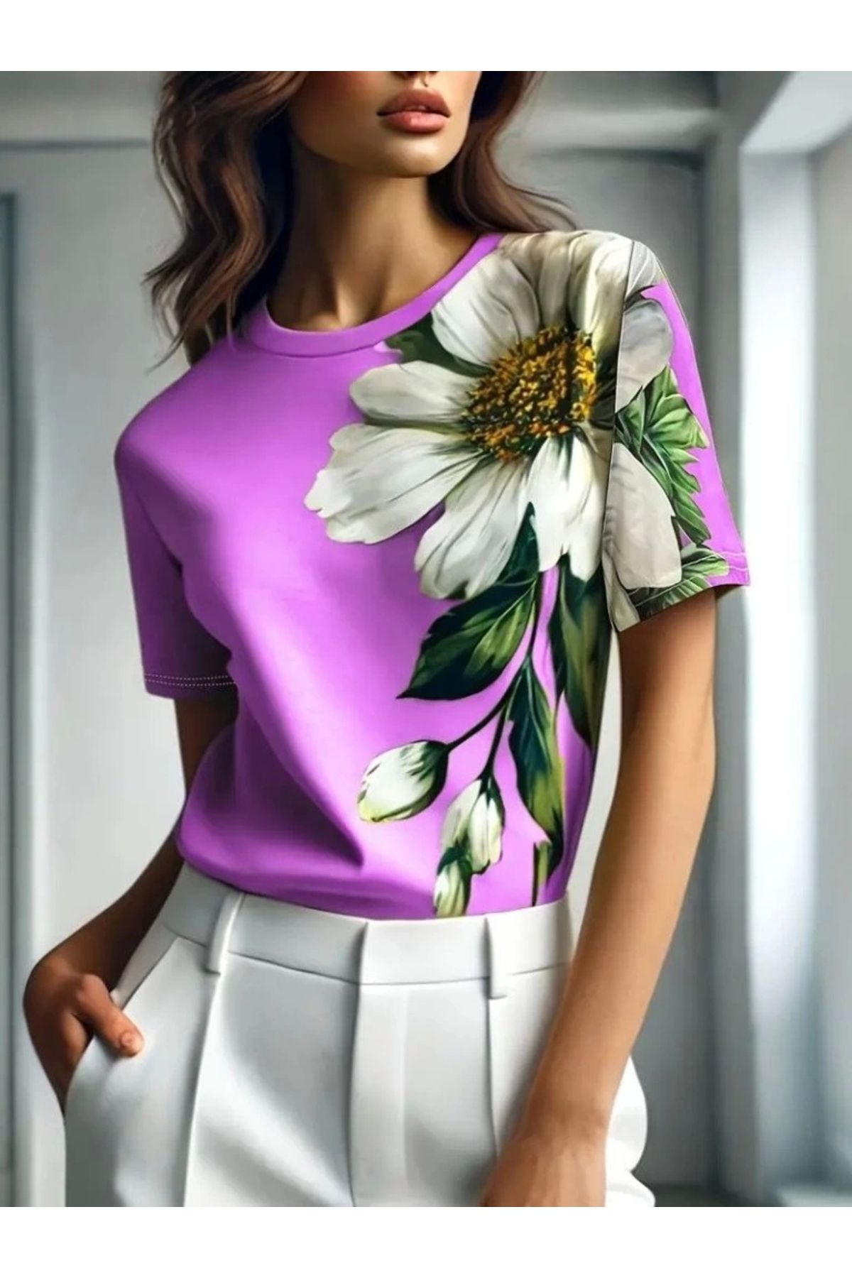 Butik Kadın Kısa Kollu Bisiklet Yaka çiçek Baskılı Süprem Bluz
