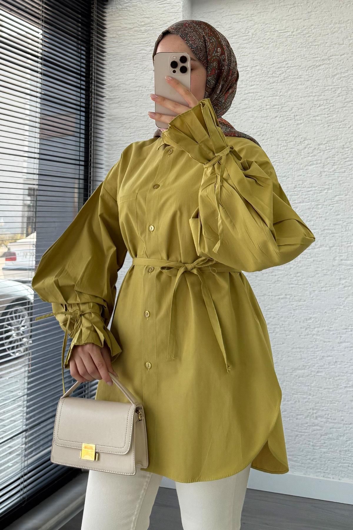 MELEK ARAZ Oversize Kesim Bilek Detaylı Poplin Tunik - Yağ Yeşili