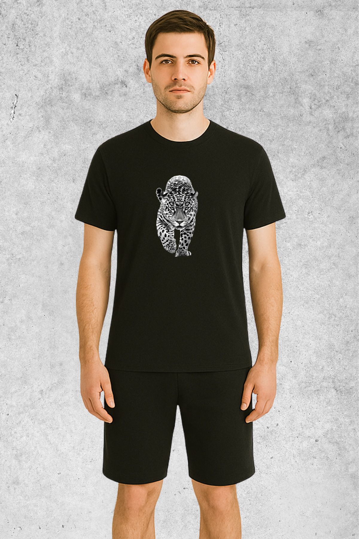 MOLICO Basic unisex sıfır yaka kısa kollu LEOPAR BASKILI TSHİRT
