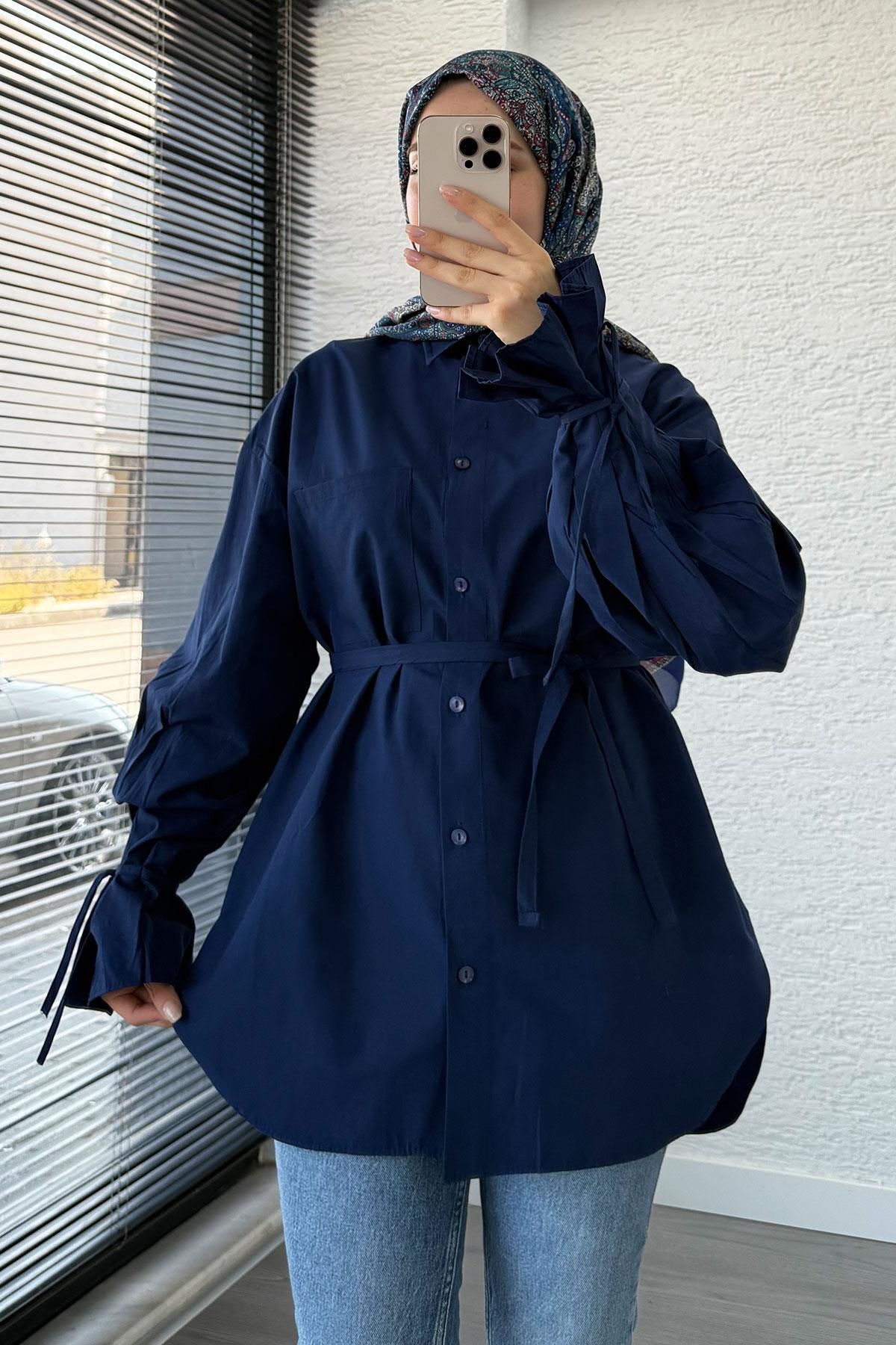 MELEK ARAZ Oversize Kesim Bilek Detaylı Poplin Tunik - Lacivert