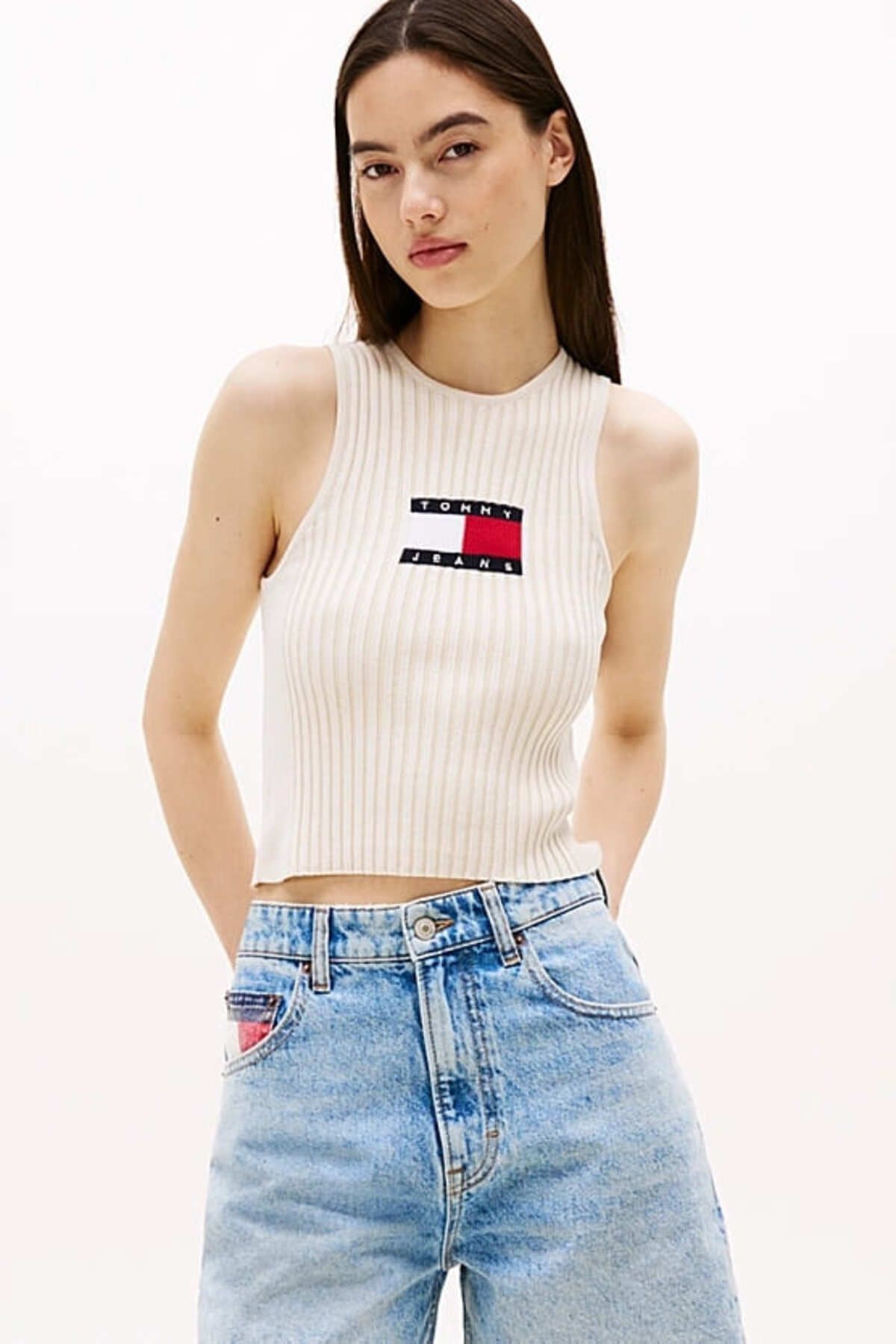Tommy Hilfiger Kadın Ribbed Slim Racerback T-Shirt - Ekru