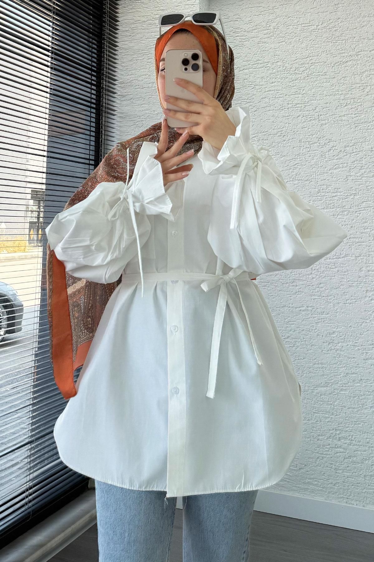 MELEK ARAZ Oversize Kesim Bilek Detaylı Poplin Tunik - Beyaz