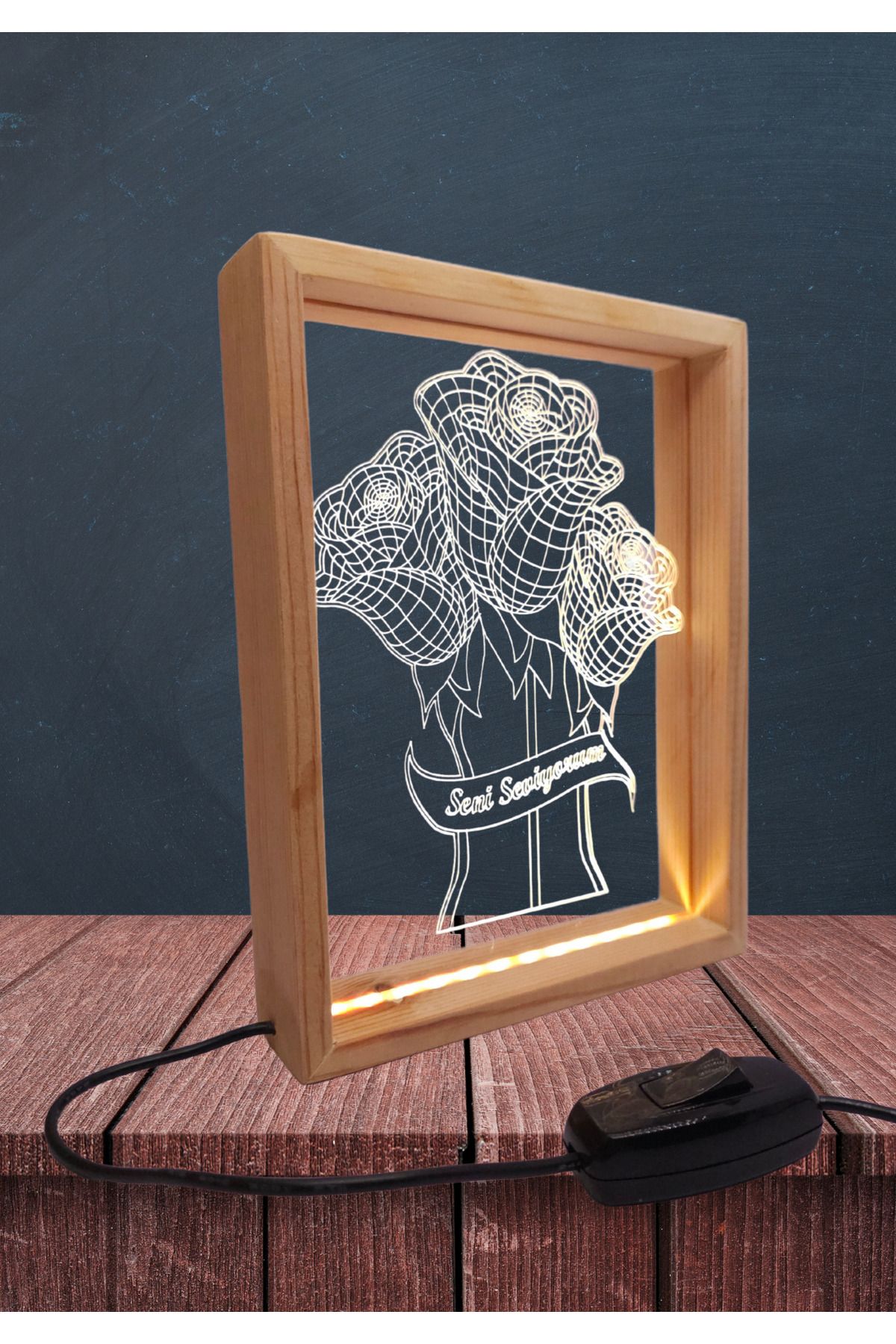 Tasarımistan Çift Taraflı Led Aydınlatmalı Doğal Ahşap Fotoğraf Çerçevesi 16x21 Cm Seni Seviyorum Gül Model