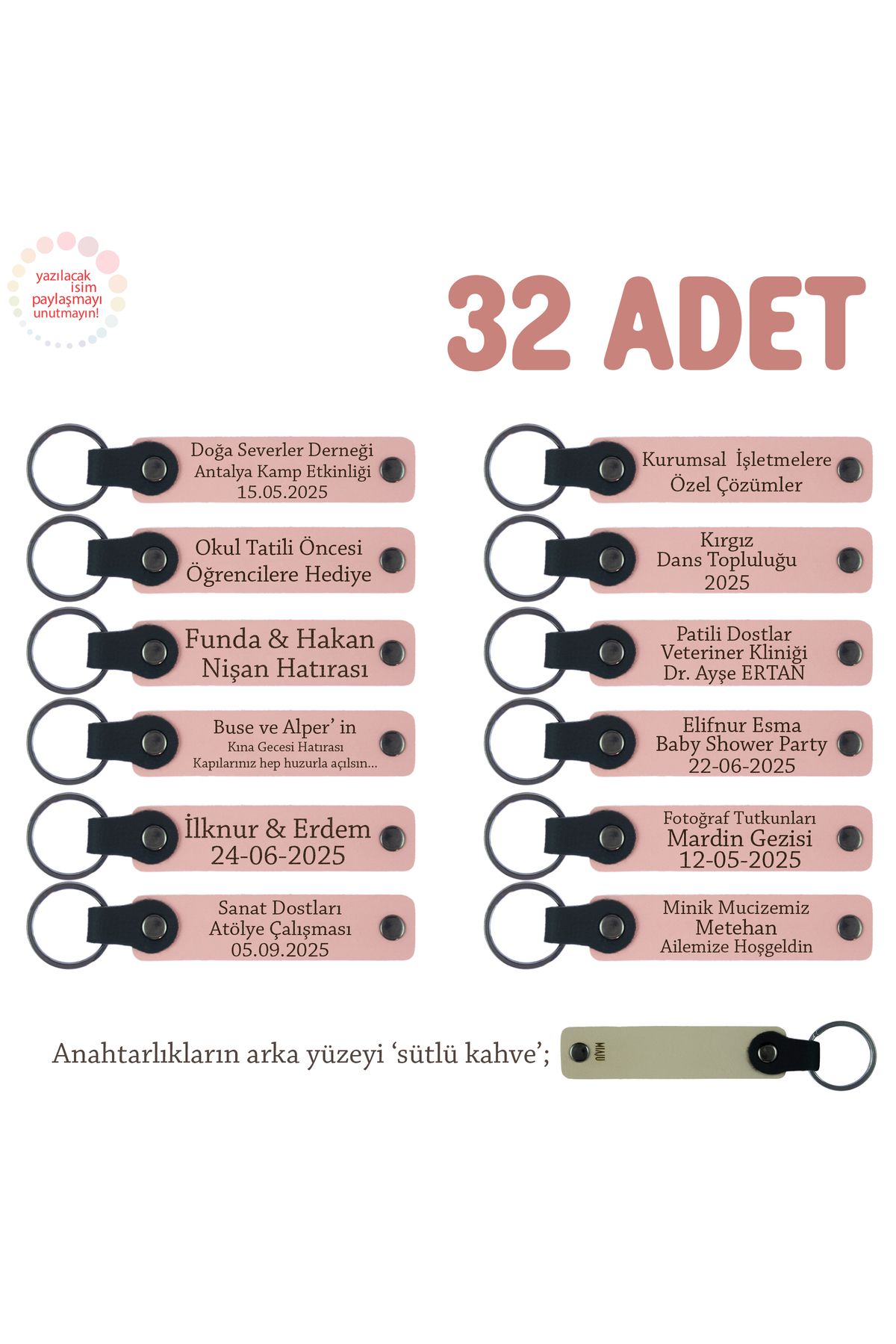 Miaju Toplantı Katılımcılarına Hediye 32'li Set, İsim Yazılı Deri Anahtarlık, Pudra & Sütlü Kahve