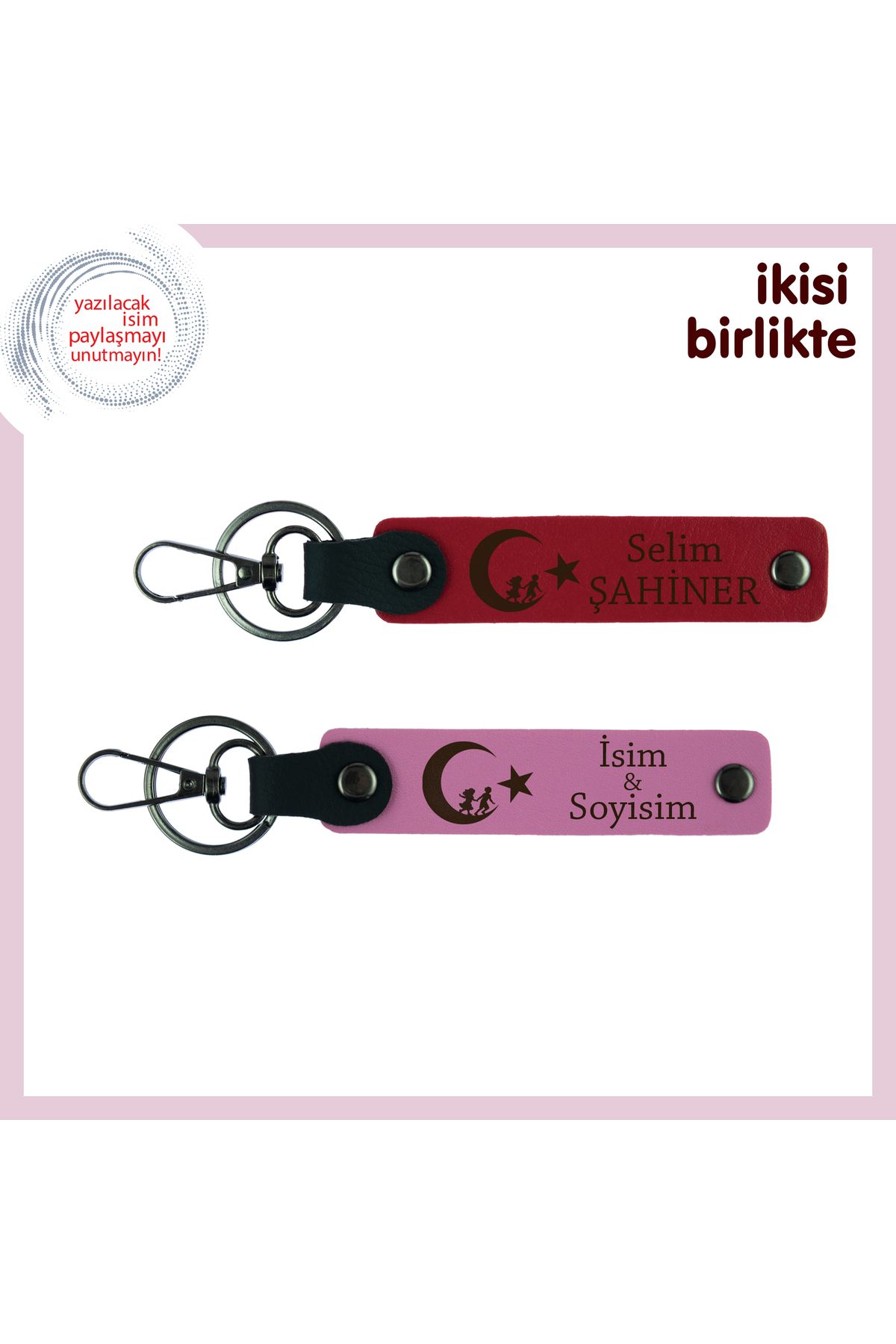 Miaju İsim Yazılabilen Çocuk Ve Ayyıldız Motifli Anahtarlık Takım, Sevdiklerine Armağan, Kırmızı-Pembe