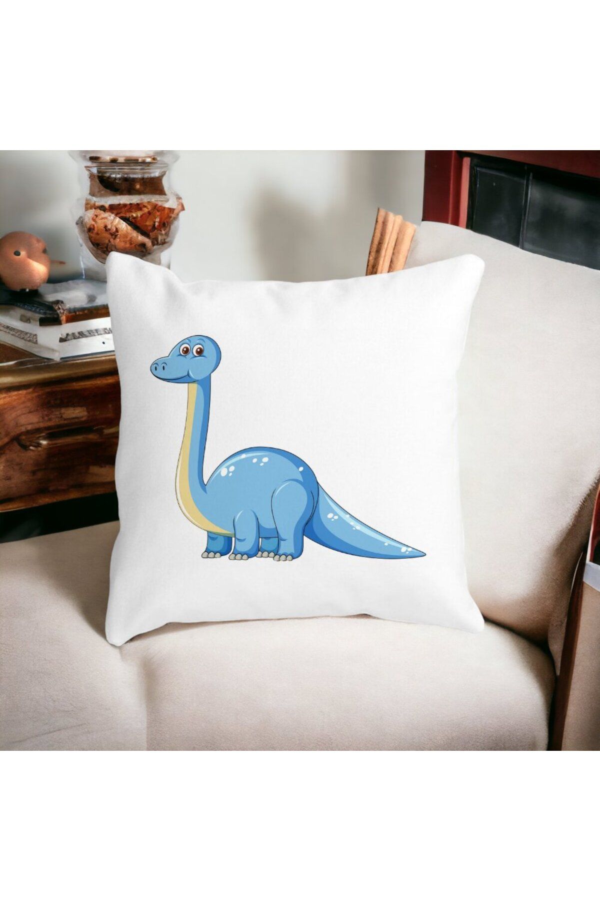 BEKZ-Children's Square Decorative Pillow, Blue Dinosaur, 40x40 cm, White, Matt, Removable Cover, Bellows 4