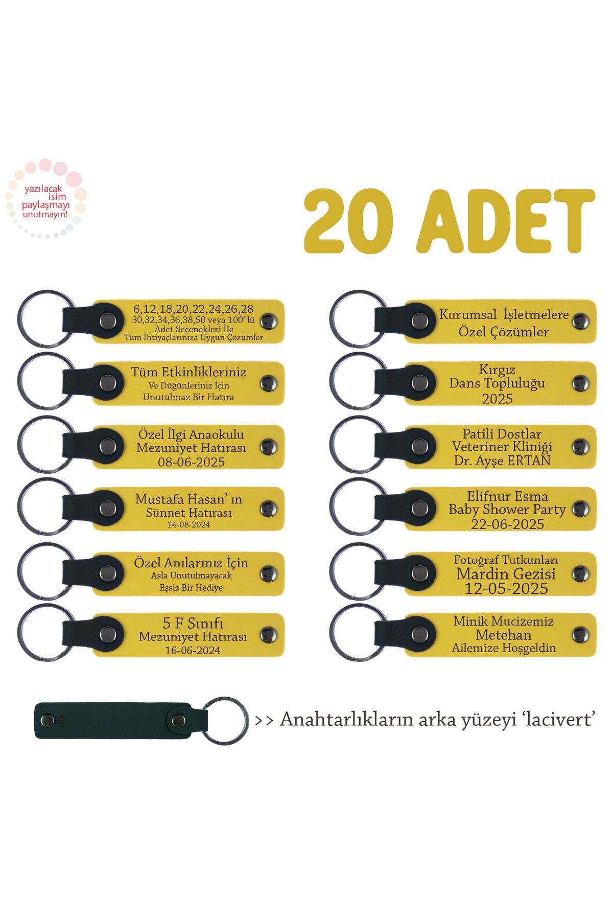 Miaju Sarı & Lacivert, Evlatlardan Anne ve Babaya Hediye, 20’li Set, İsim Yazılabilir Deri Anahtarlık