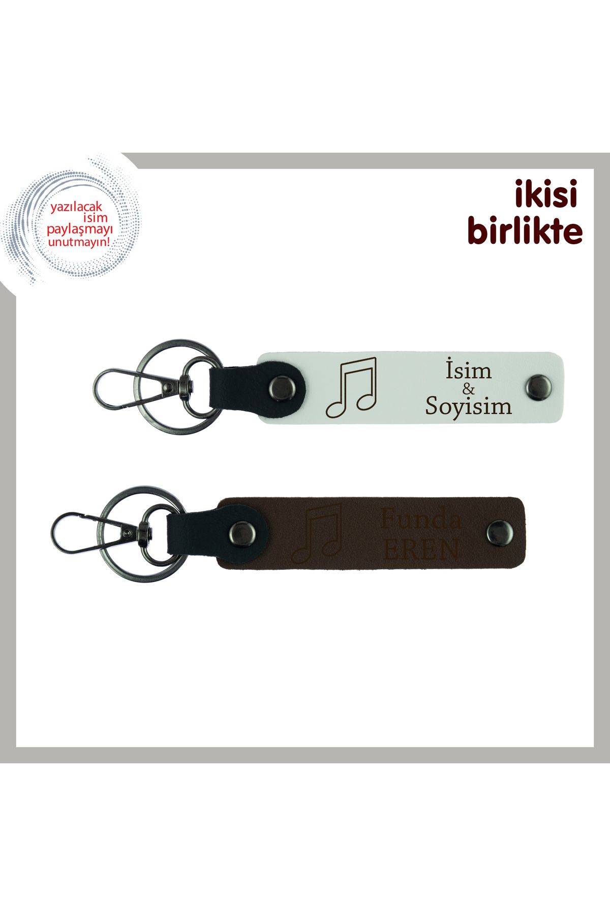 Miaju Sol Anahtarı Detaylı Deri Tasarım, Kişiye Özel Hediyelik Anahtarlık Seti, Beyaz-Koyu Kahve