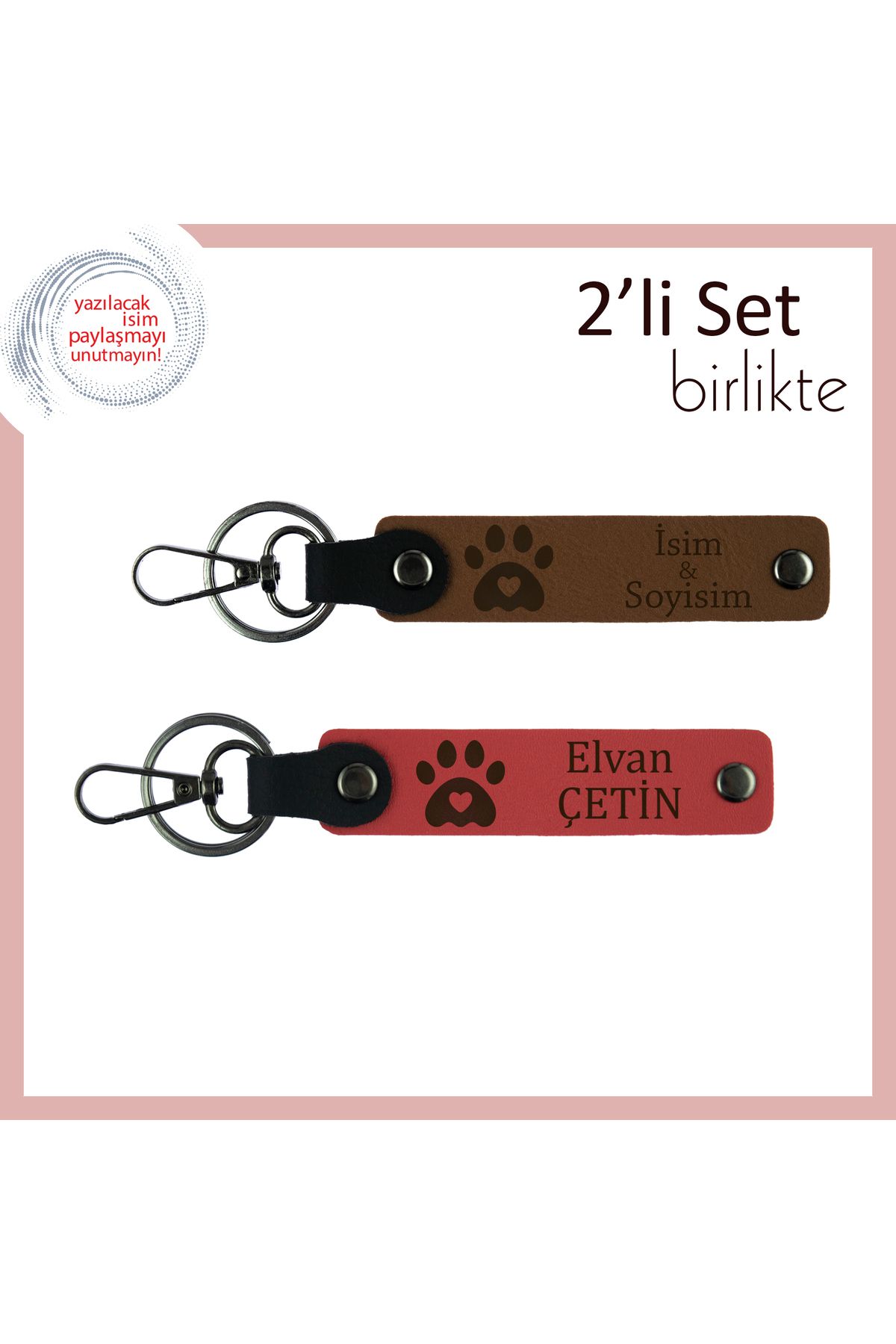 Miaju Kedi Sever Sevgiliye Uygun Hediyelik, Kalpli Pati Desenli Anahtarlık Takımı, Açık Kahve-Nar Çiçeği