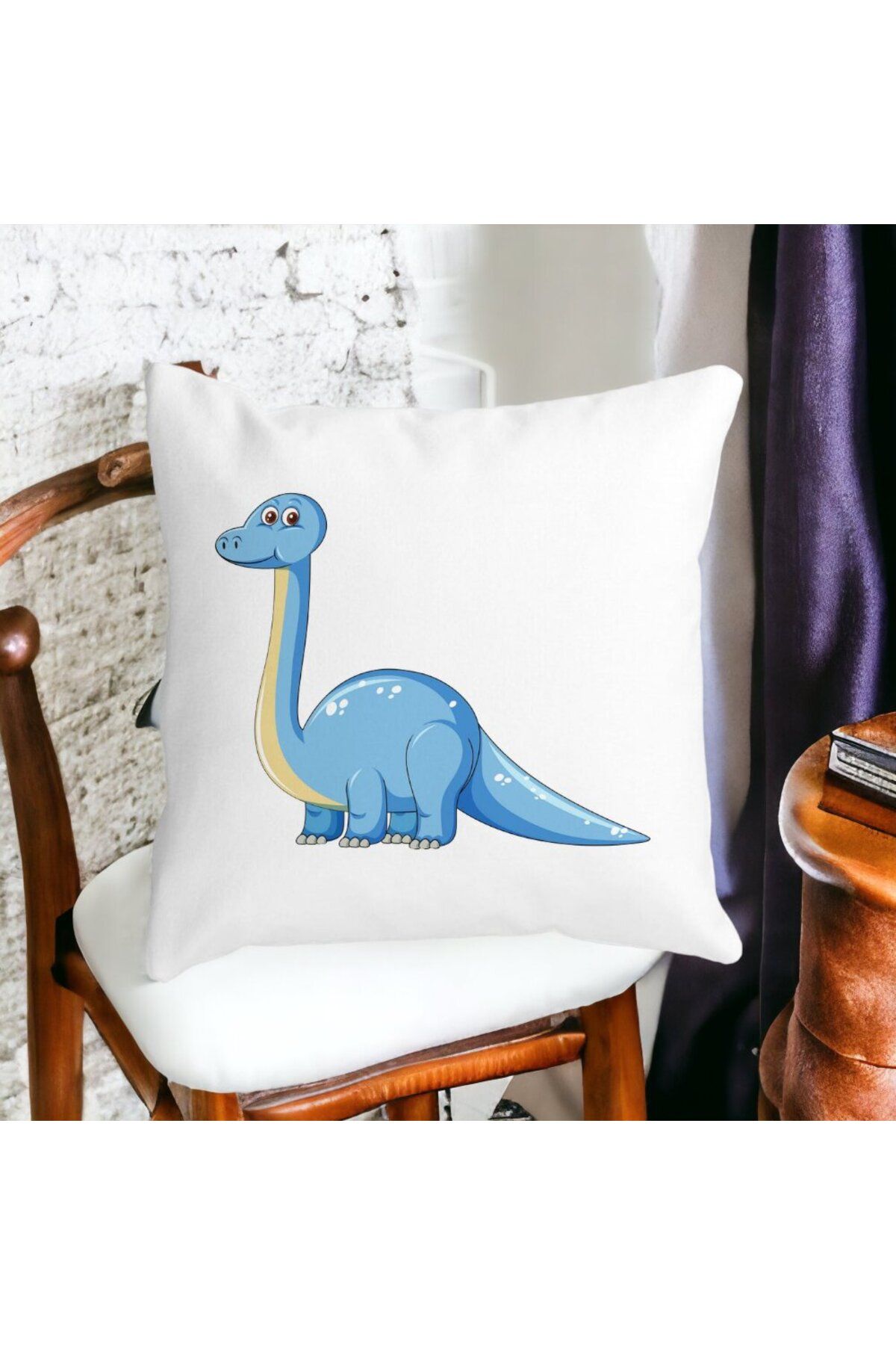 BEKZ-Children's Square Decorative Pillow, Blue Dinosaur, 40x40 cm, White, Matt, Removable Cover, Bellows 3