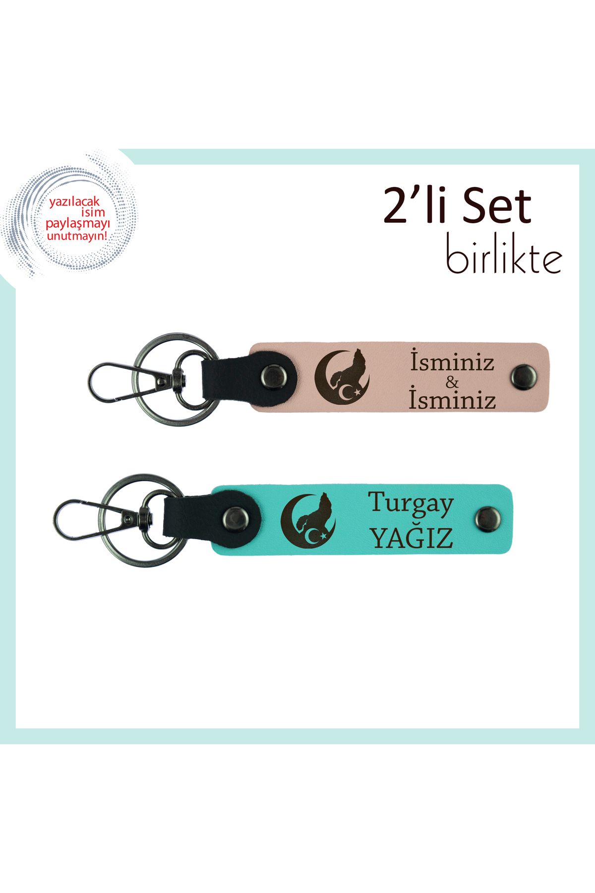 Miaju Kurumsal Şık Hediyelik, Bozkurt Ve Ayyıldız Kişiye Özel Deri Anahtarlık Set, Yavru Ağzı-Turkuaz