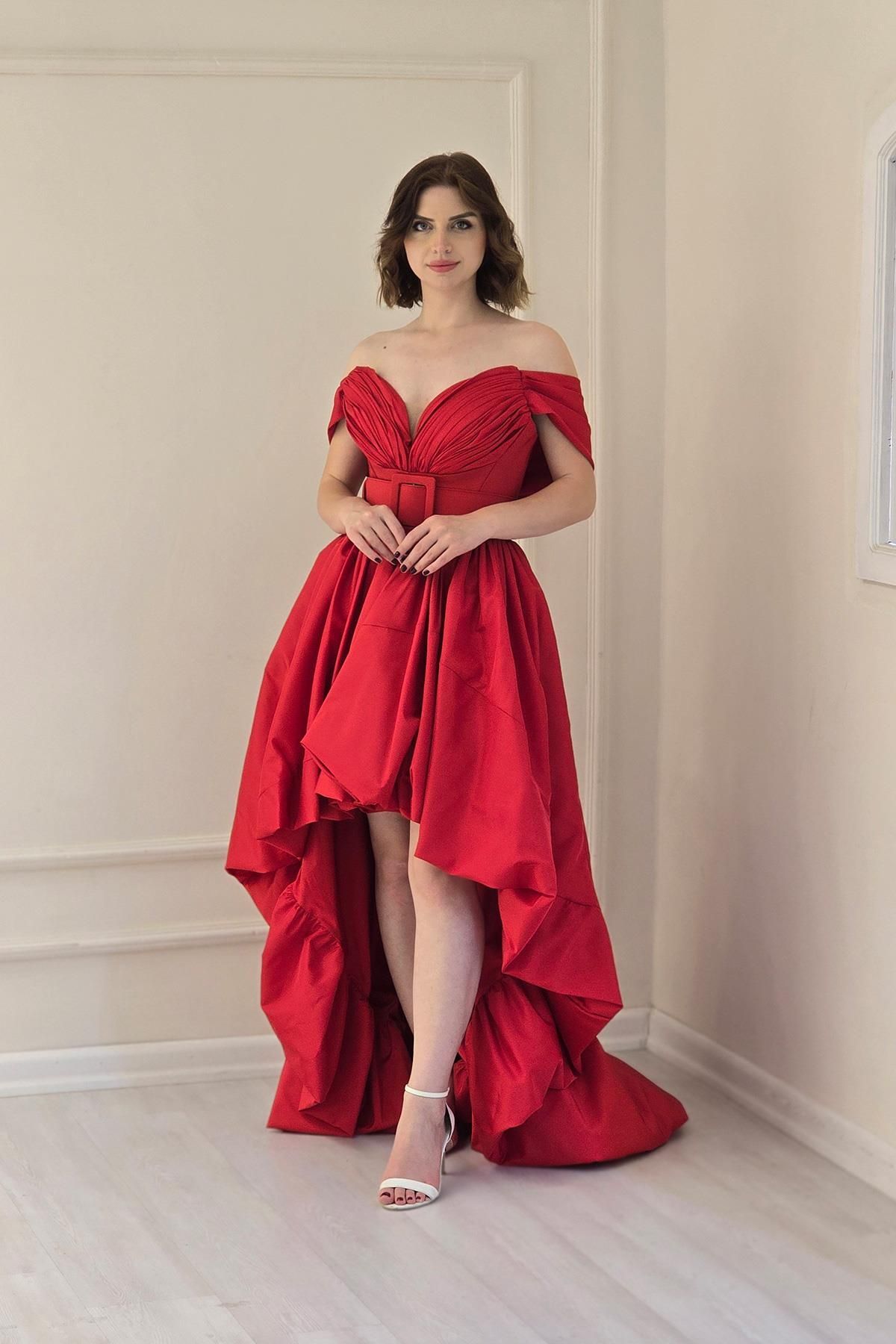Yonca Moda Evi Kırmızı Balon Etek Tafta Abiye 6042