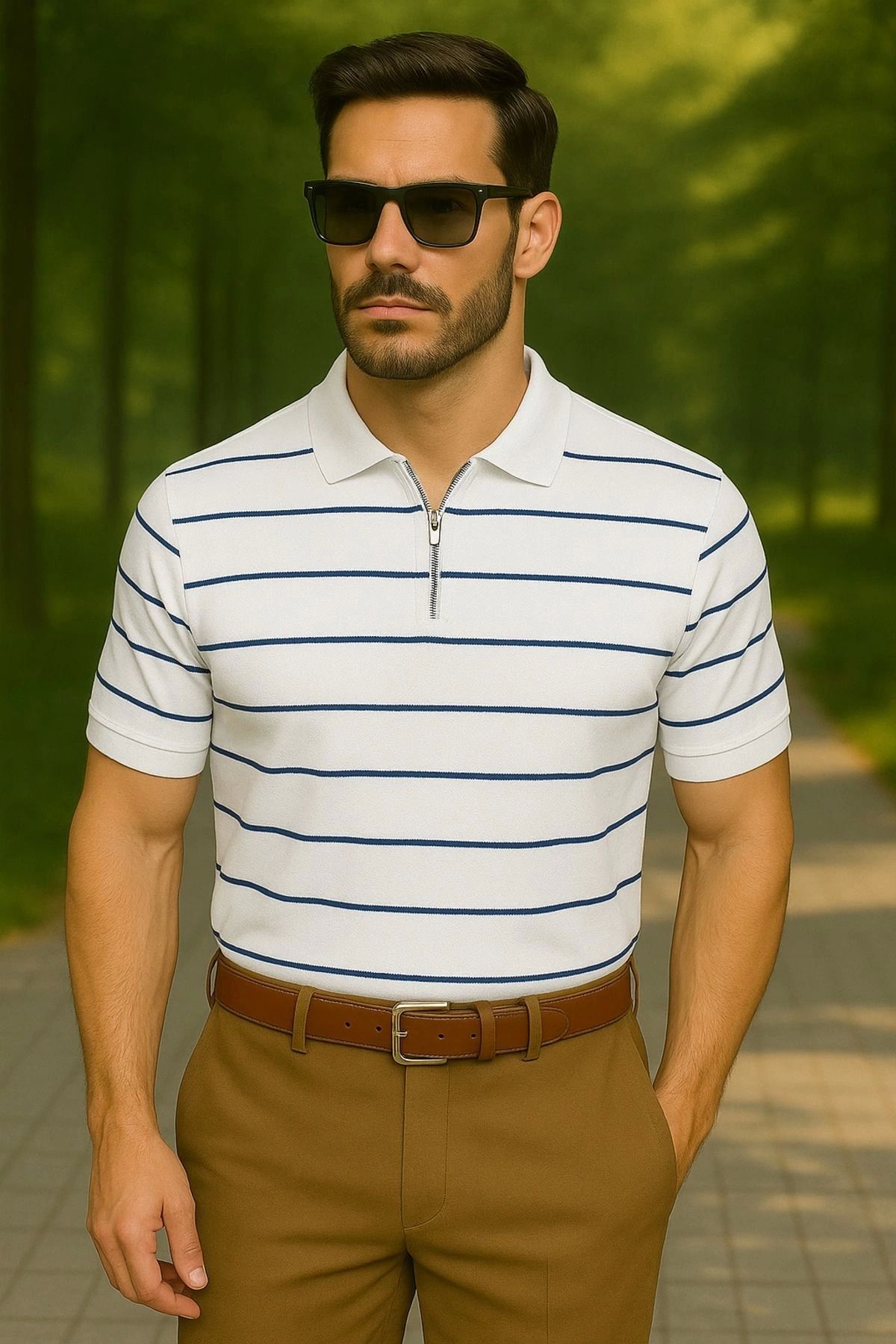 LC Waikiki LCWAIKIKI Yarım Fermuar Triko Yatay Çizgi Desenli Erkek Polo Yaka T-Shirt