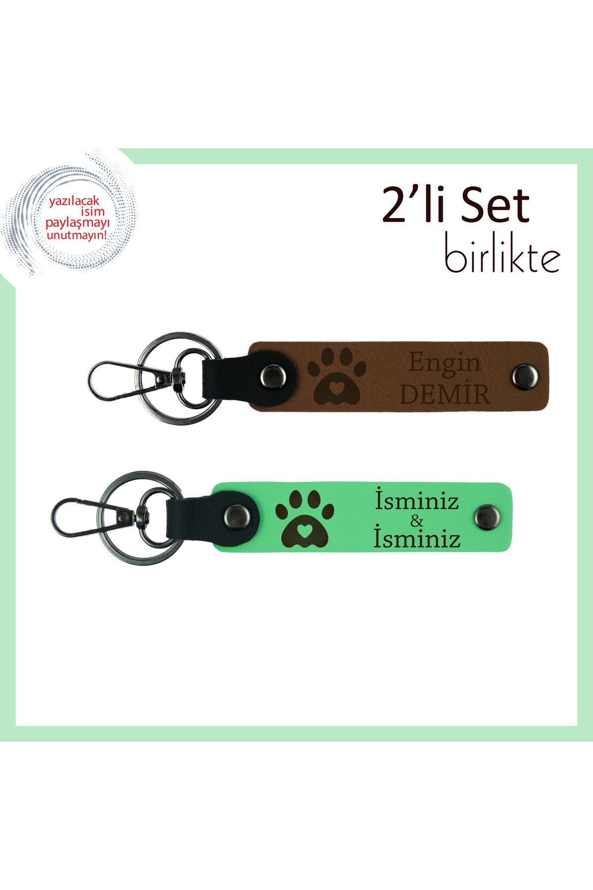 Miaju Sevimli Pati Temalı 2’li Anahtarlık, İsim Yazılabilir Deri Tasarım, Açık Kahve-Fıstık Yeşil