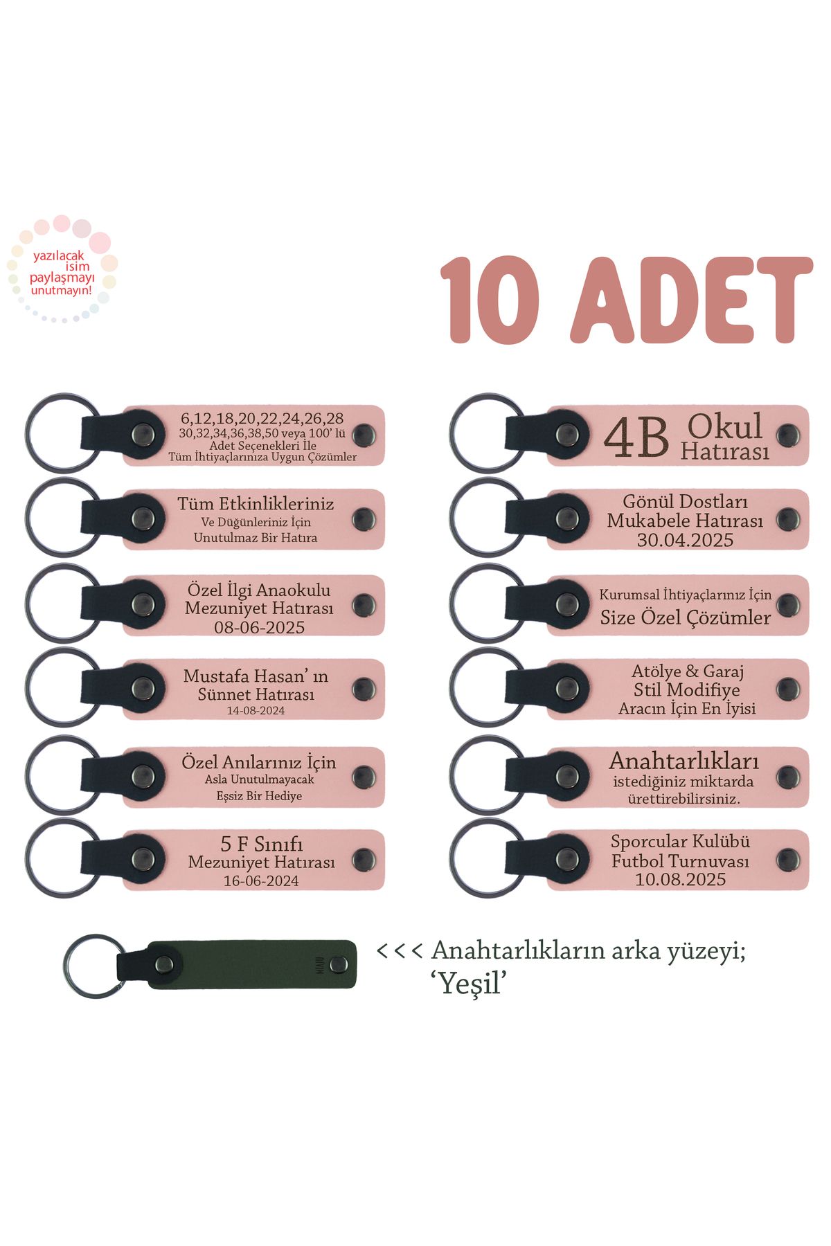 Miaju Okul Öğrencilerine, 10'lu Set, Kişiselleştirilebilir İsimli Hatıra Anahtarlık, Pudra & Yeşil