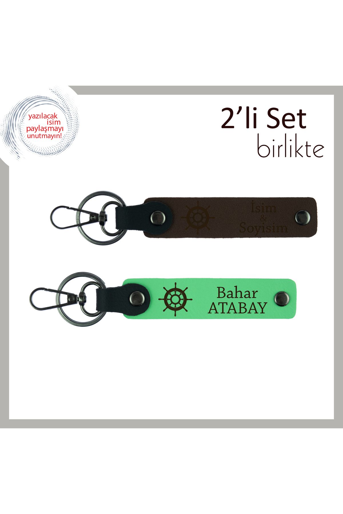 Miaju Eşe Özel Kişisel Tasarım, Gemi Figürlü Deri Anahtarlık Takımı, Koyu Kahve-Fıstık Yeşil