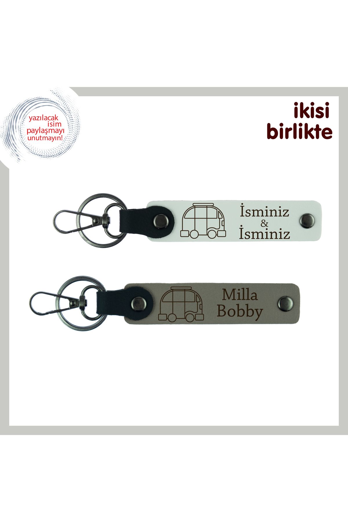 Miaju Karavanda Geçen Günleri Anlatan Hediye, Kişisel Anahtarlık 2’li Set, Adınızı Yazdırın, Beyaz-Kül Gri