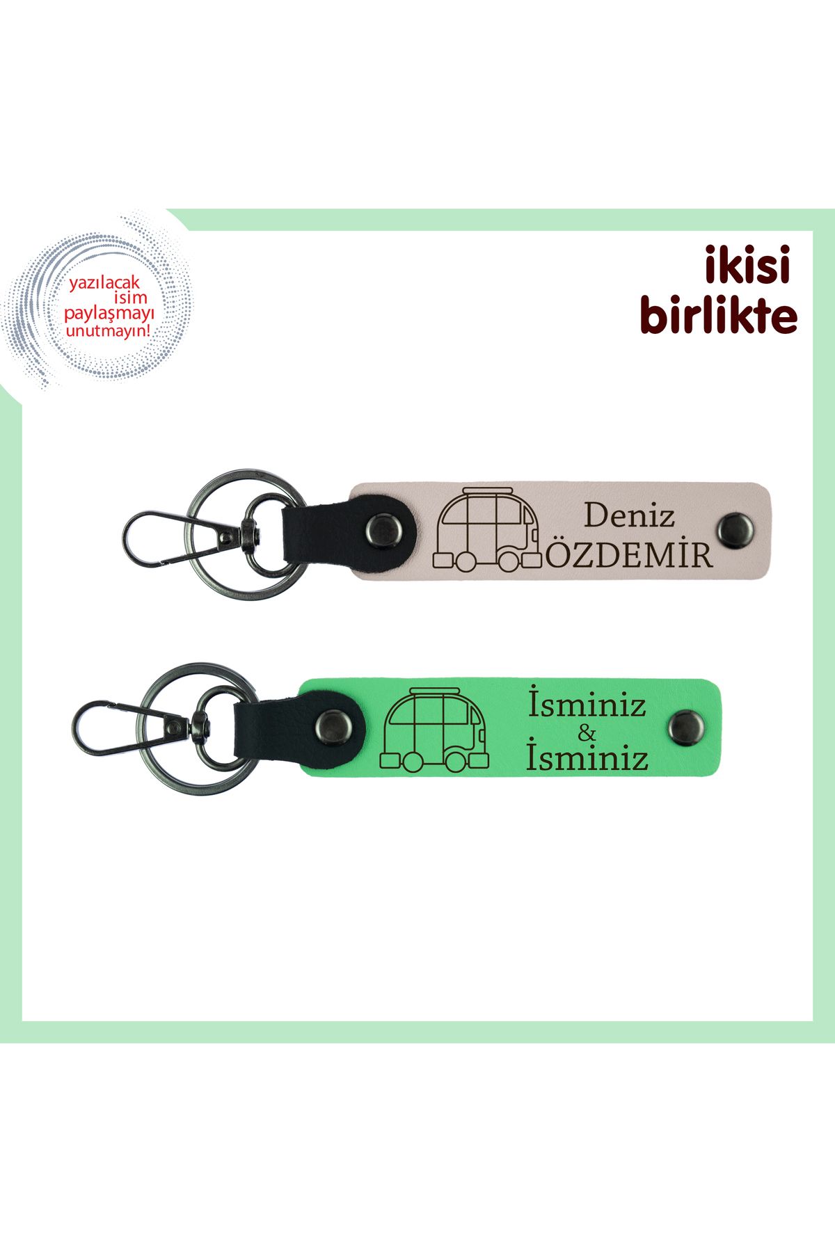 Miaju Özgürlüğün Anahtarı Gibi Hediye, Karavan Figürlü Kişisel Anahtarlık Set, İsim Yazılı, Pudra-F Yeşil