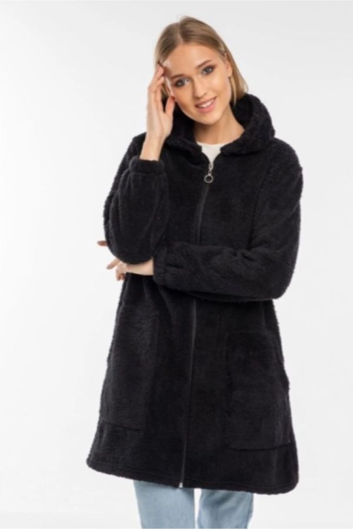 MODA UGS Kadın Siyah Uzun Fermuarlı Peluş Hırka welsoft