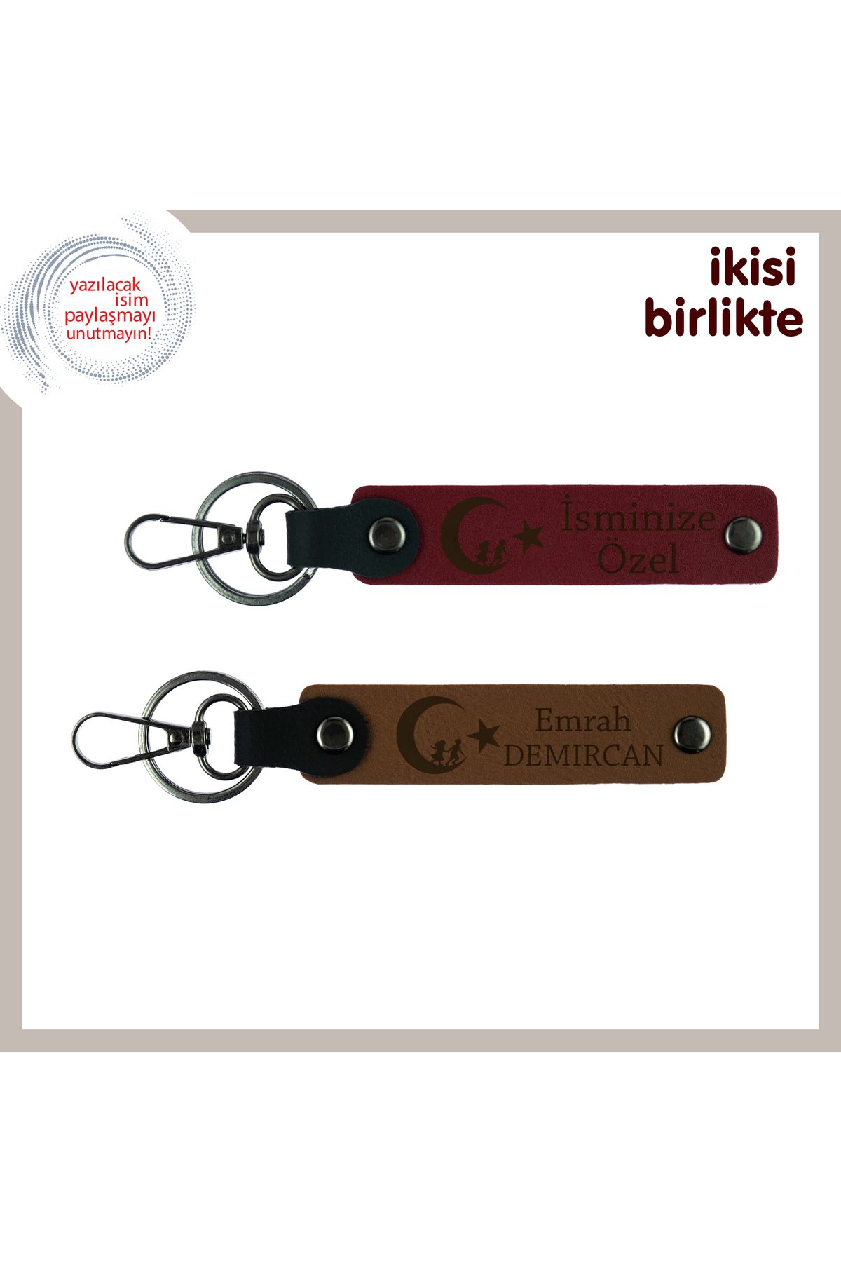 Miaju Çocuk Ve Ayyıldız Desenli Hatıralık, Kayınpeder İçin Kişisel 2’li Anahtarlık Takımı, Bordo-Kahve