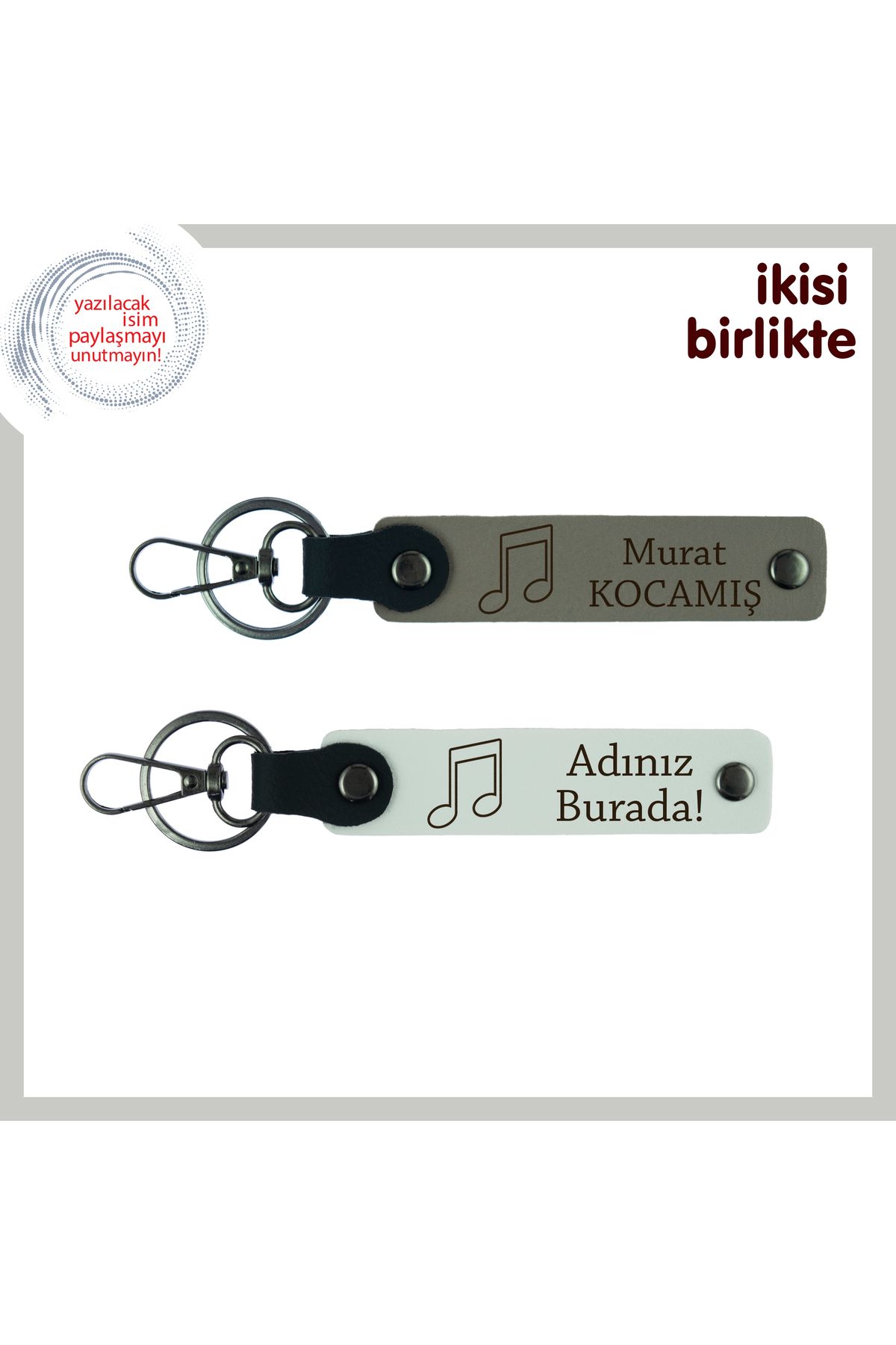 Miaju Ruhunuzun Melodisini Yansıtan Hediyelik, Nota Temalı İsimli Deri Anahtarlık Takımı, Kül Gri-Beyaz