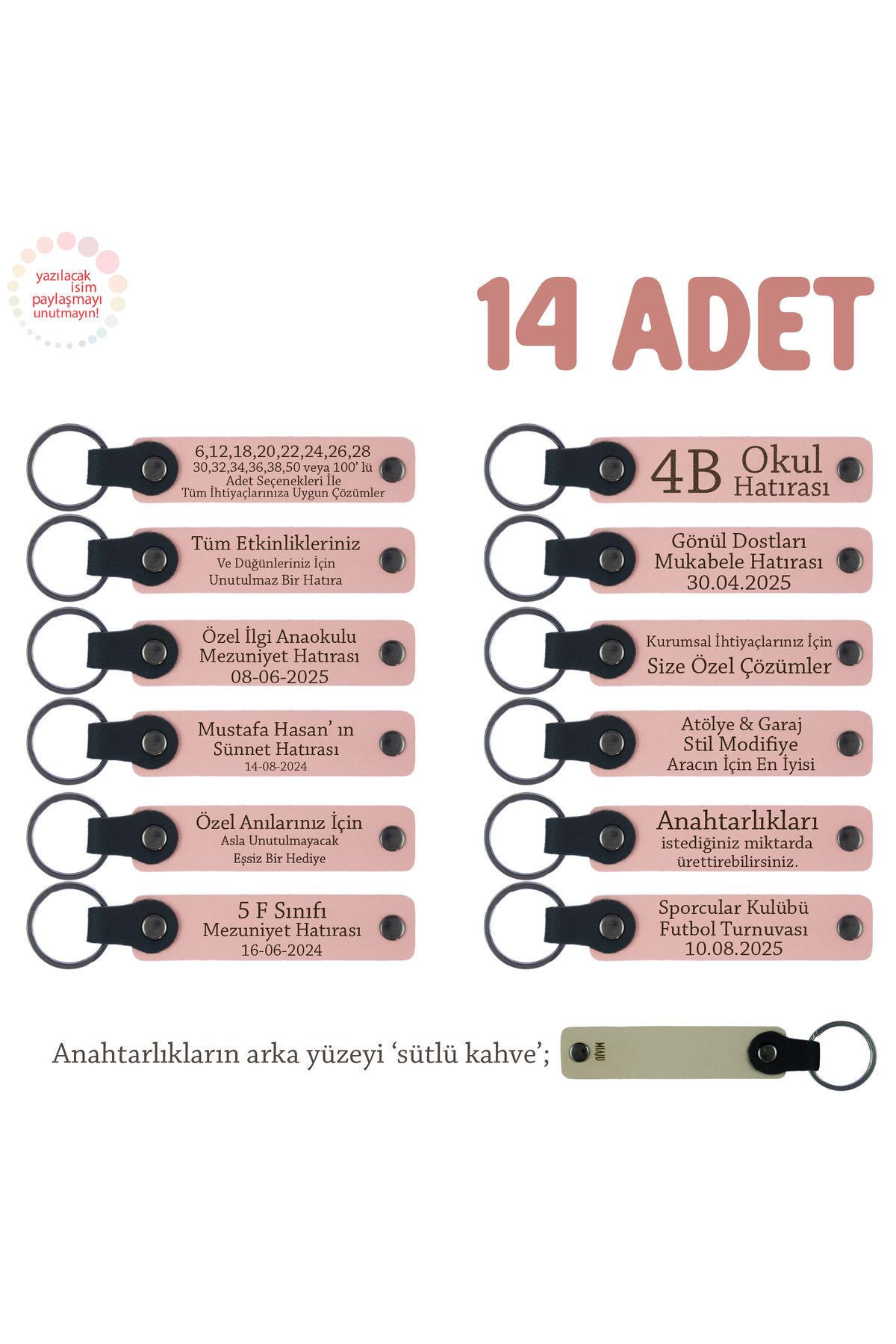 Miaju Ofis Çalışanlarına Özel, 14'lü Set, Kişisel İsim Ve Mesaj Yazılı Anahtarlık, Pudra & Sütlü Kahve