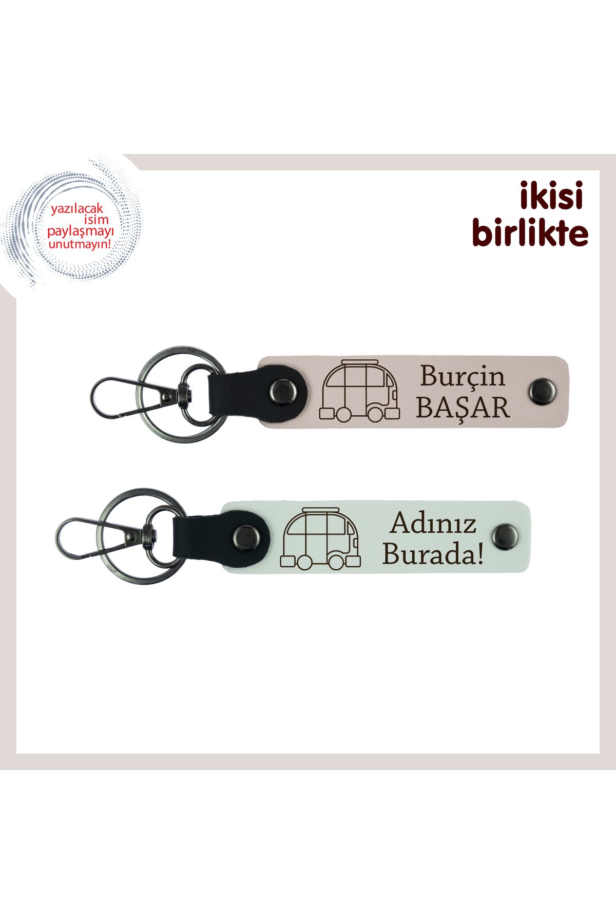 Miaju Karavan Hayalini Simgeler, İsme Özel Deri Anahtarlık Hediyelik Takım Takım, Pudra-Beyaz