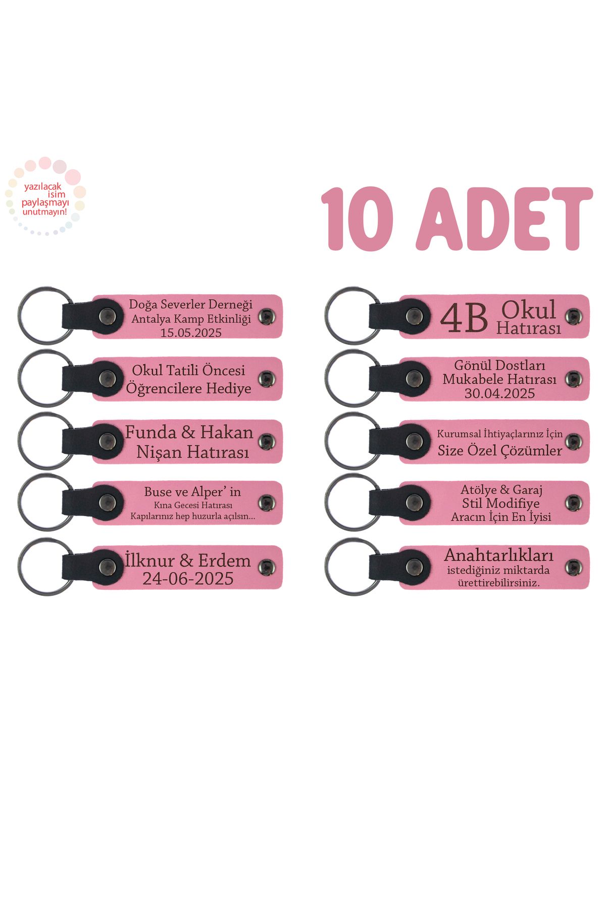 Miaju Pembe, Anaokulu Hatırası İçin Kişiselleştirilmiş Anahtarlık 10’lu Set, Eğitim Öncesi Hediyesi