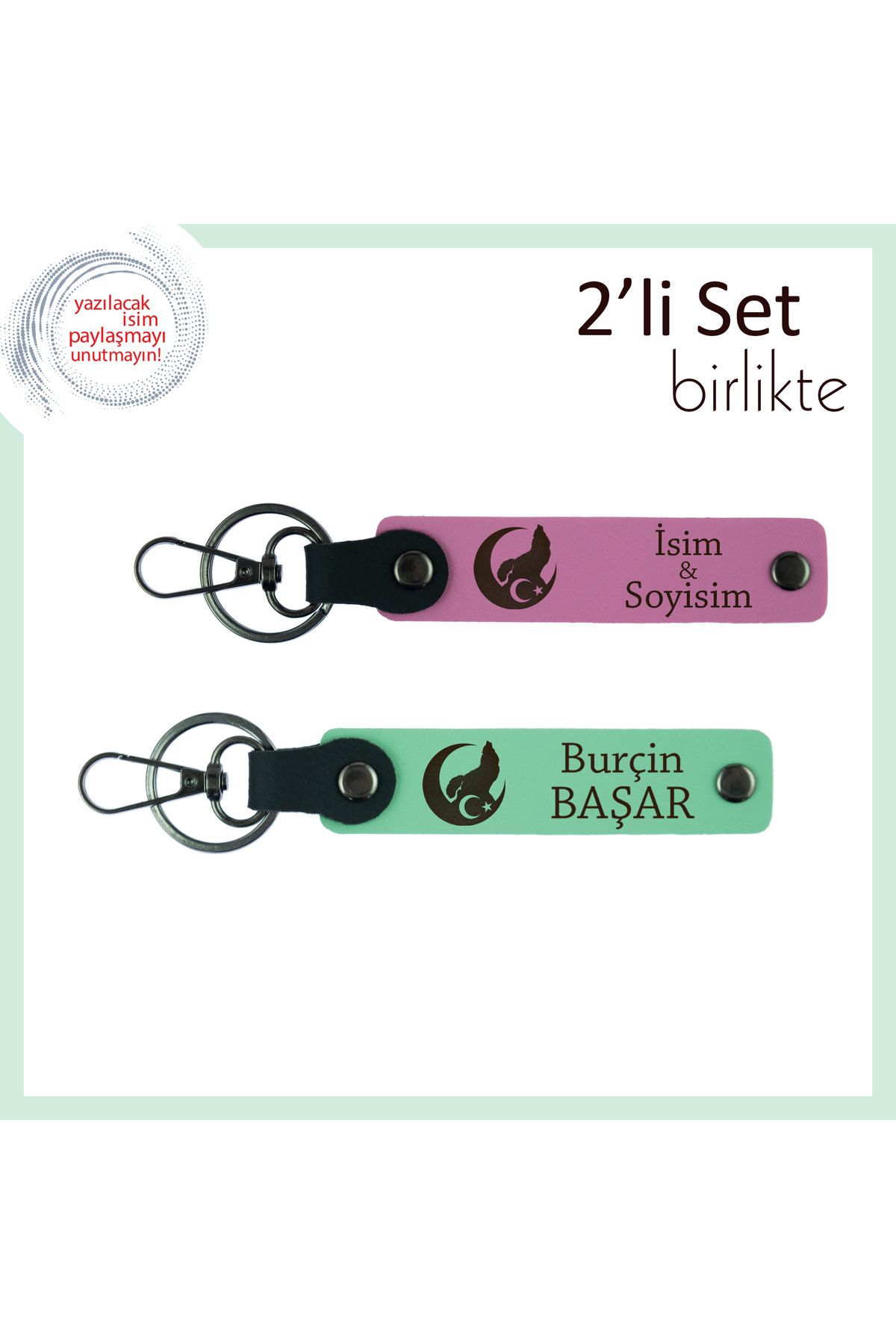Miaju Teyzeye Kalpten Gelen Armağan – Bozkurt Ve Ayyıldız Desenli İsimli Deri Anahtarlık, Pembe-Yeşil
