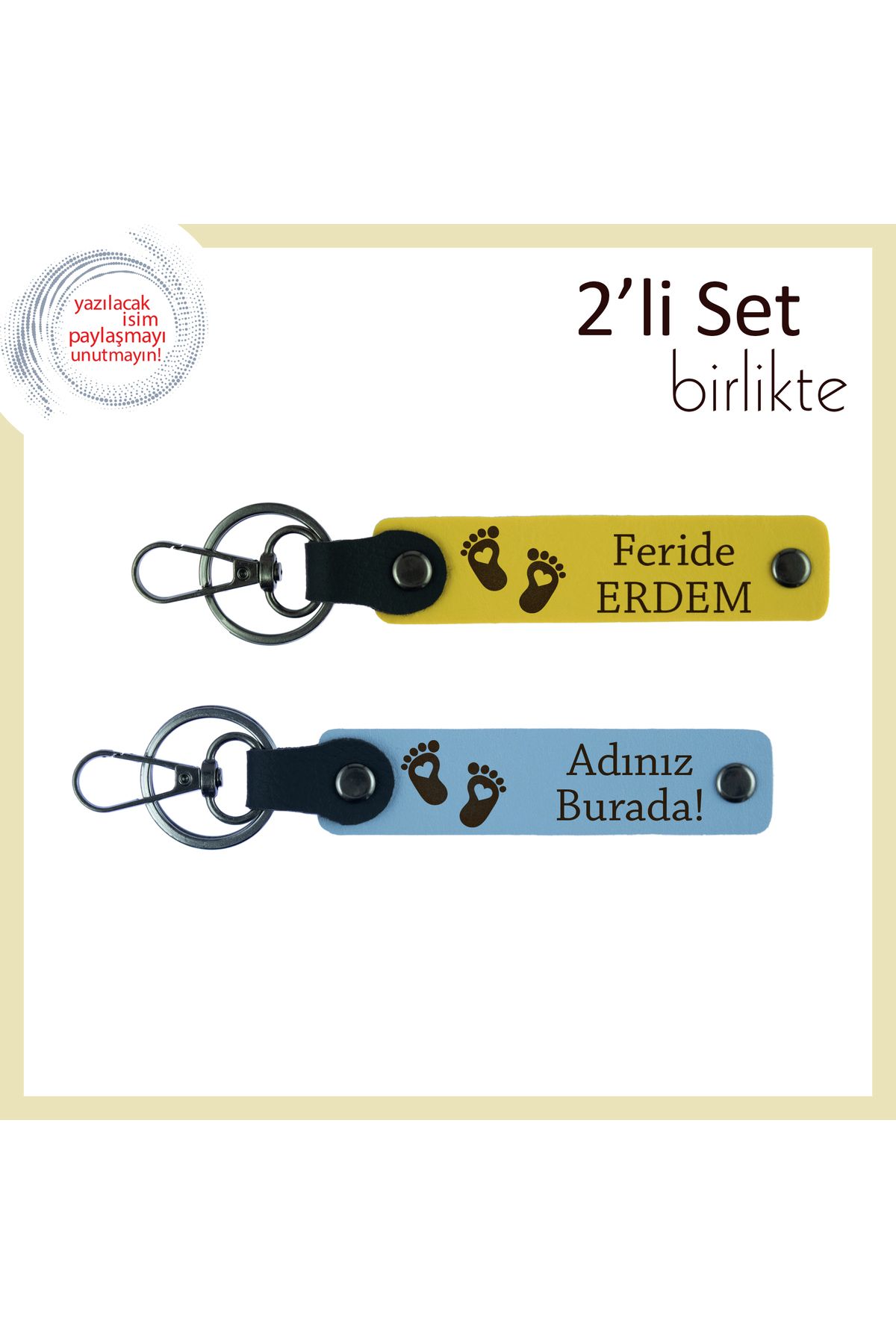 Miaju Anneye ve Bebeğe Birlikte Sunulabilecek Kişiye Özel Armağan, Kalpli Ayak Desenli Set, Sarı-Gök Mavi