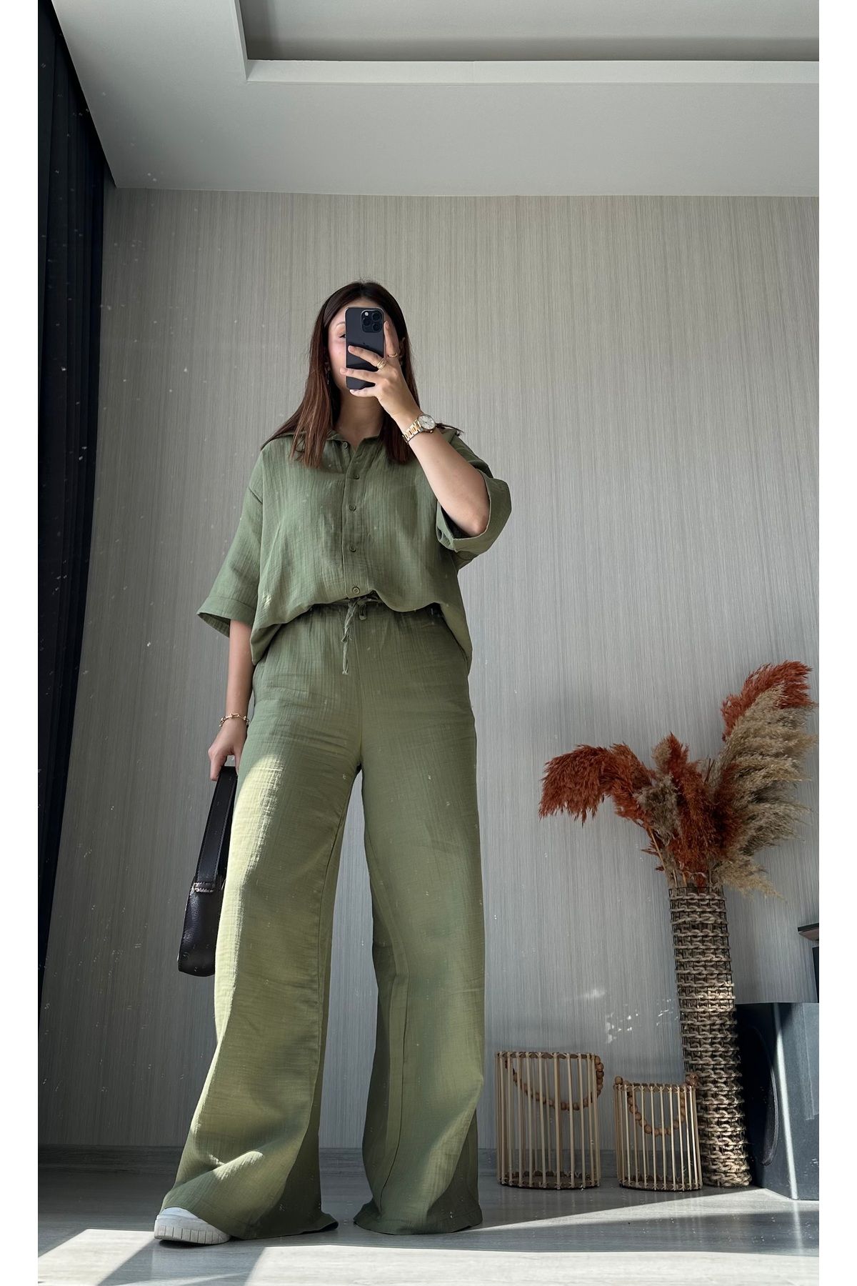 ButikNo35 Haki Müslin Kumaş Pantolon Gömlek Takım