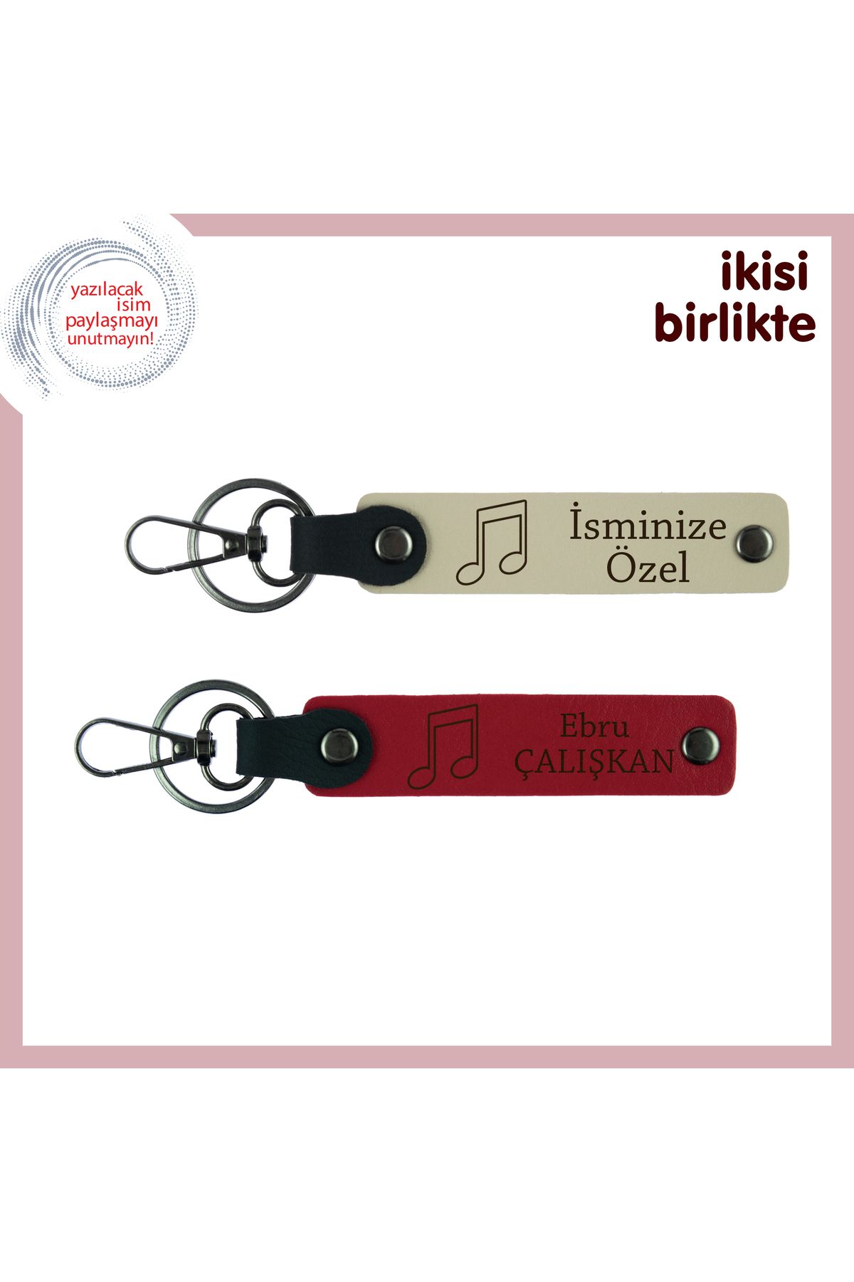 Miaju Birlikte Dinlenen Ezgilere Özel Armağan, Kişiye Özel Deri Anahtarlık Seti, Sütlü Kahve-Kırmızı