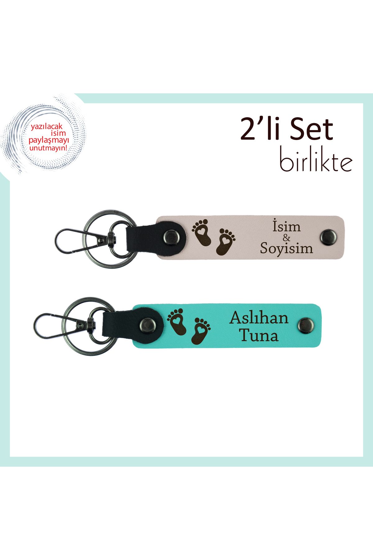 Miaju Doğumdan Sonra Verilebilecek Kişisel Hediye, Kalpli Bebek Ayağı Figürlü Anahtarlık, Pudra-Turkuaz