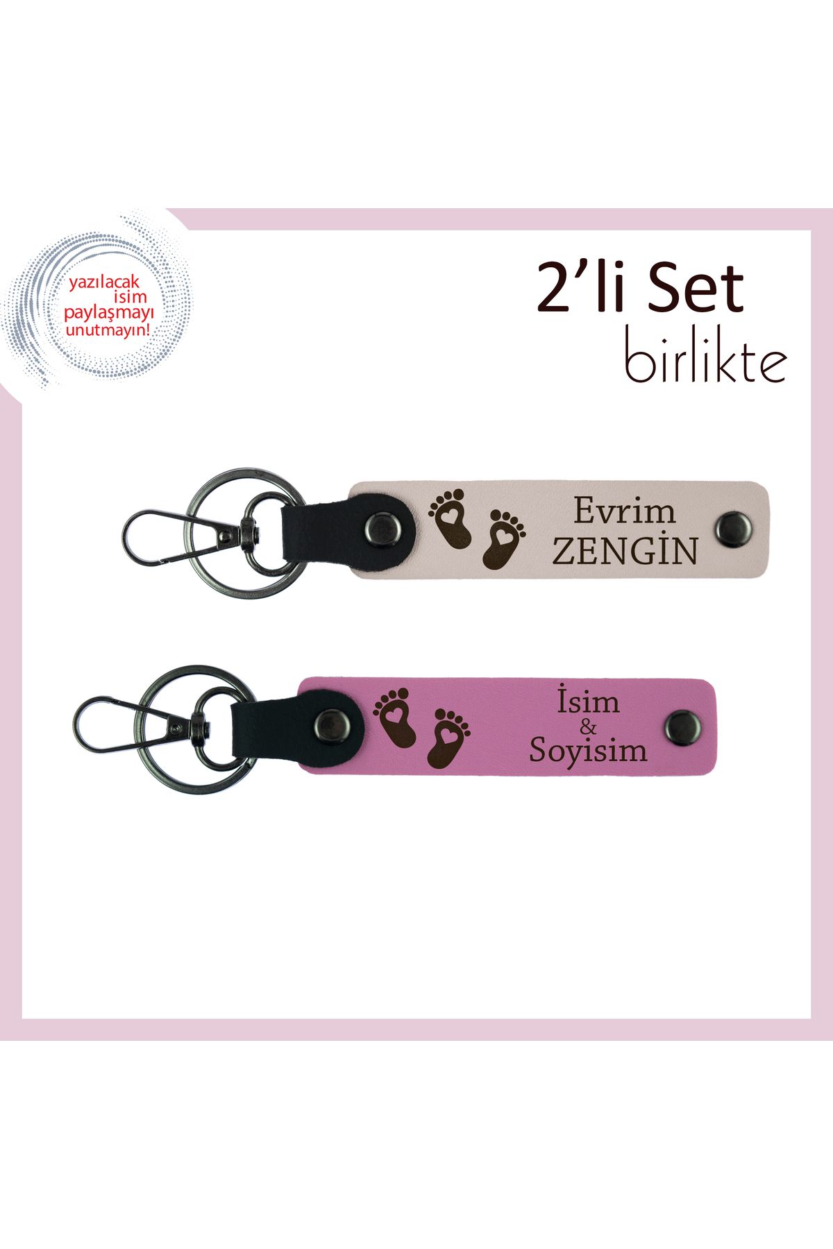 Miaju İlk Bebek Hediyesi Olarak Verilebilecek Kalıcı Tasarım, Kalpli Ayak Motifli Anahtarlık, Pudra-Pembe