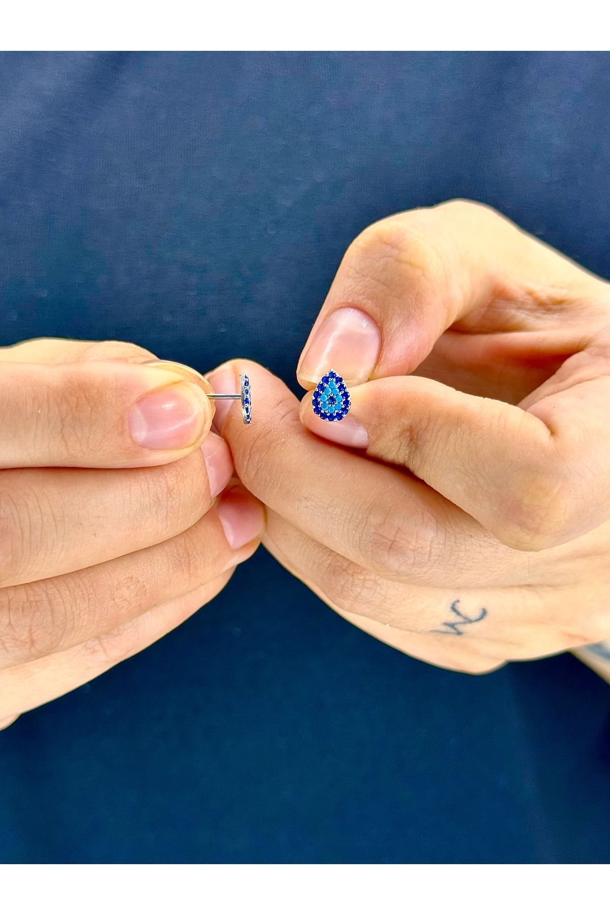 Azra Silver&Aksesuar 925 Ayar Firuze Ve lacivert Taşlı Damla Model Küpe