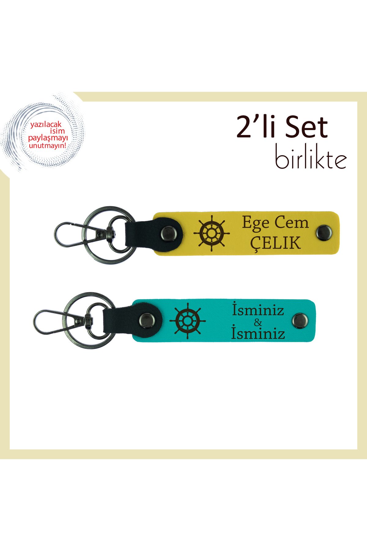 Miaju Kaptan Gibi Yolu Belli Sevenlere, Gemi Temalı Deri Anahtarlık Takımı, Sarı-Koyu Turkuaz