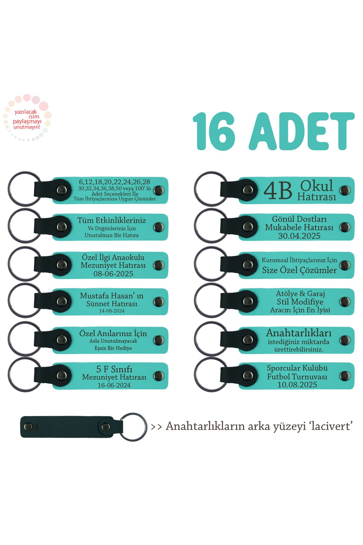 Miaju Çok Özel Hediye Arayanlara, 16'lı Set, İsim Yazılabilir Deri Hatıra Anahtarlık, Turkuaz & Lacivert