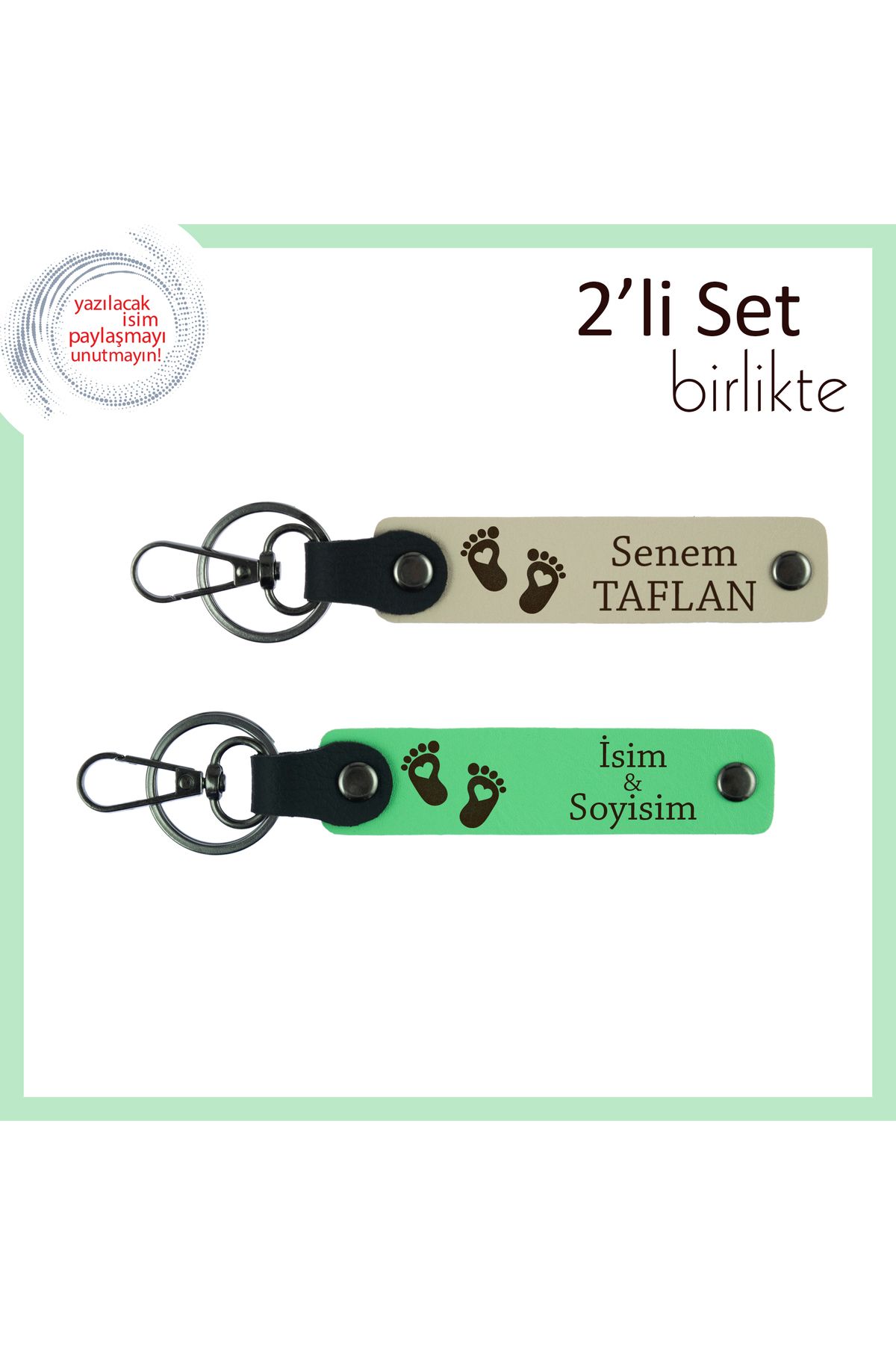 Miaju İsme Özel Kalpli Ayak Temalı Anahtarlık, Annelere Verilebilecek Anlamlı Hediyelik, S Kahve-F Yeşil