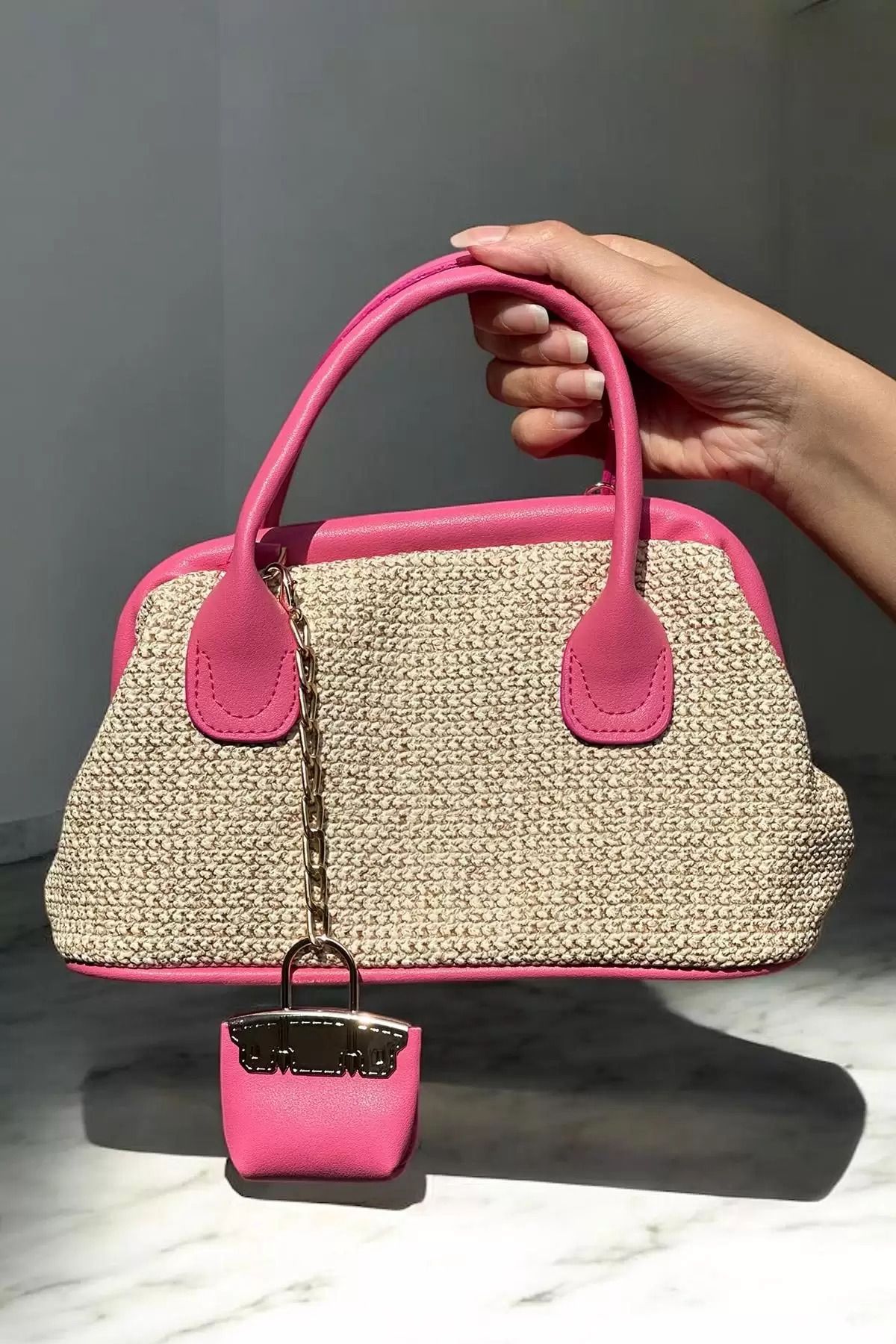 Butik Pembe Renk Hasır Kadın Çanta
