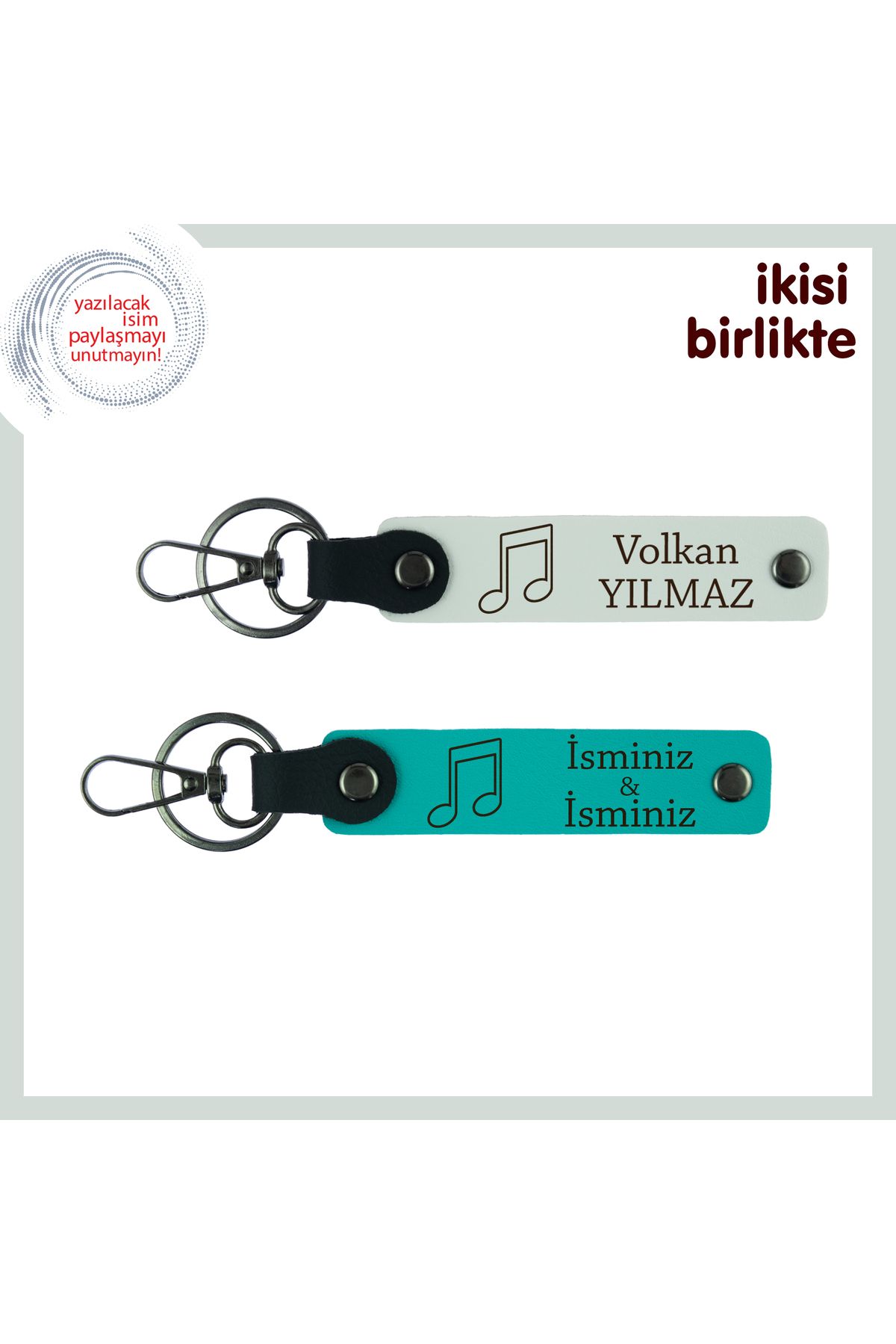 Miaju Piyano Çalmayı Seven Eşe Özel Hediye, Notalı Deri Anahtarlık Takımı, İsim Yazılı, Beyaz-Koyu Turkuaz