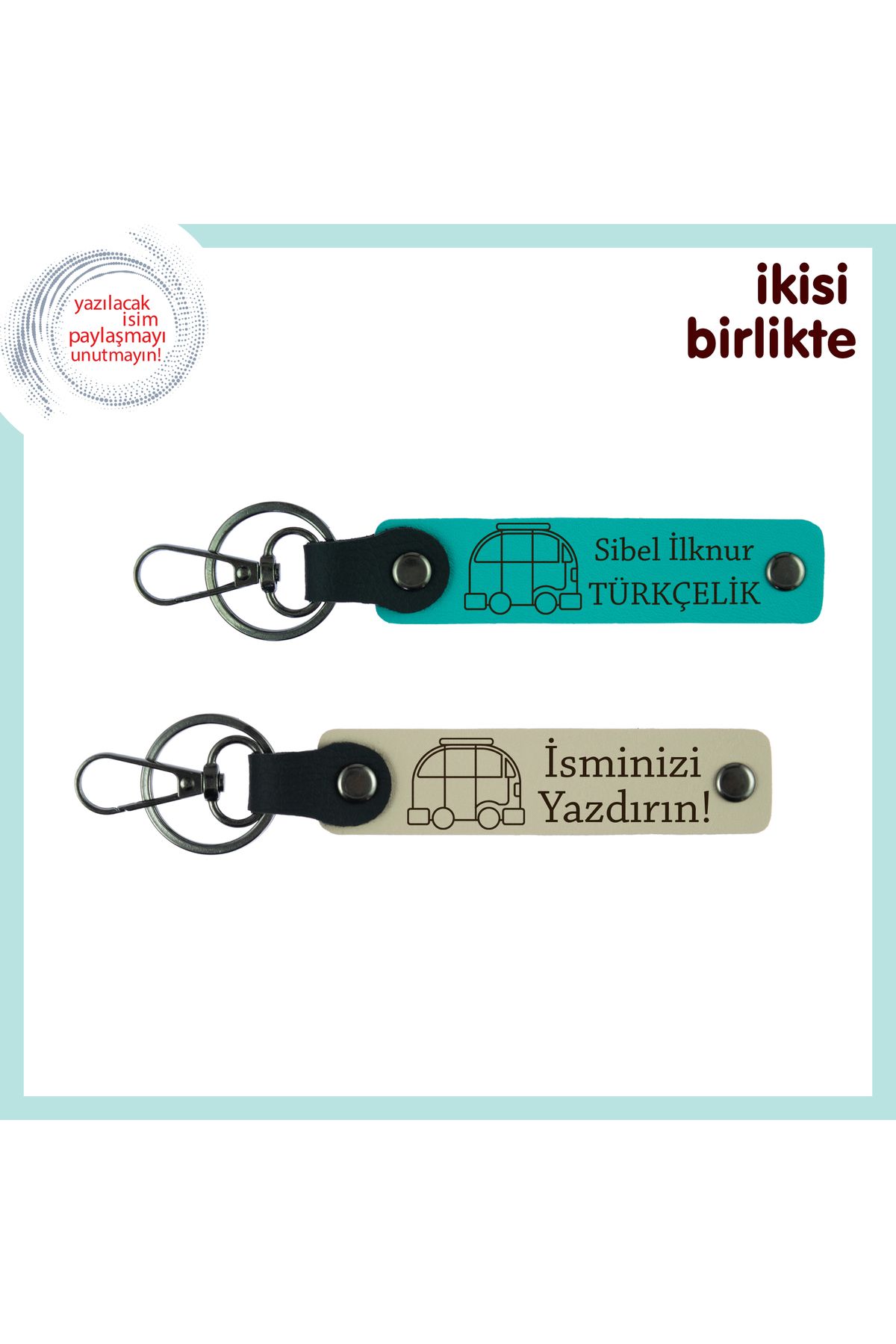 Miaju İki Kampçının Ortak Anısına, Karavan Motifli Deri Anahtarlık Seti, Koyu Turkuaz-Sütlü Kahve