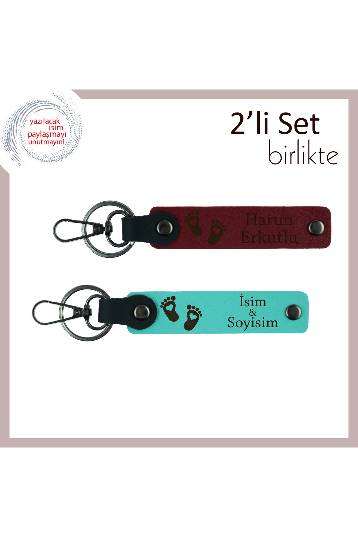 Miaju Yeni Doğum Yapmış Eşe Verilebilecek İsme Özel Hediyelik, Kalpli Ayak Desenli Set, Bordo-Turkuaz