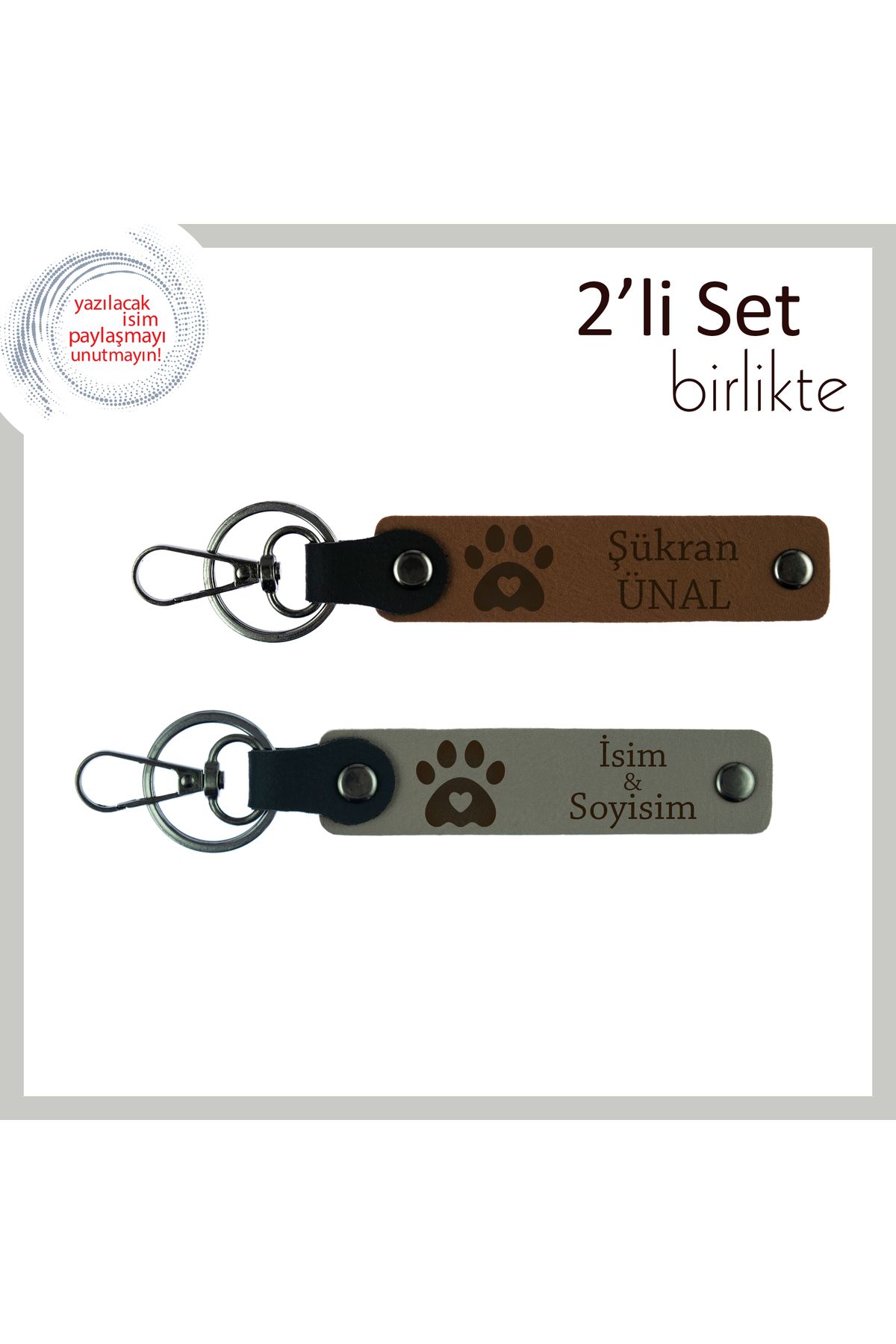 Miaju Minik Patili Kalpli Tasarım, İsim Yazılabilir Deri Anahtarlık Takımı, İsim Yazılabilir, A Kahve-Gri