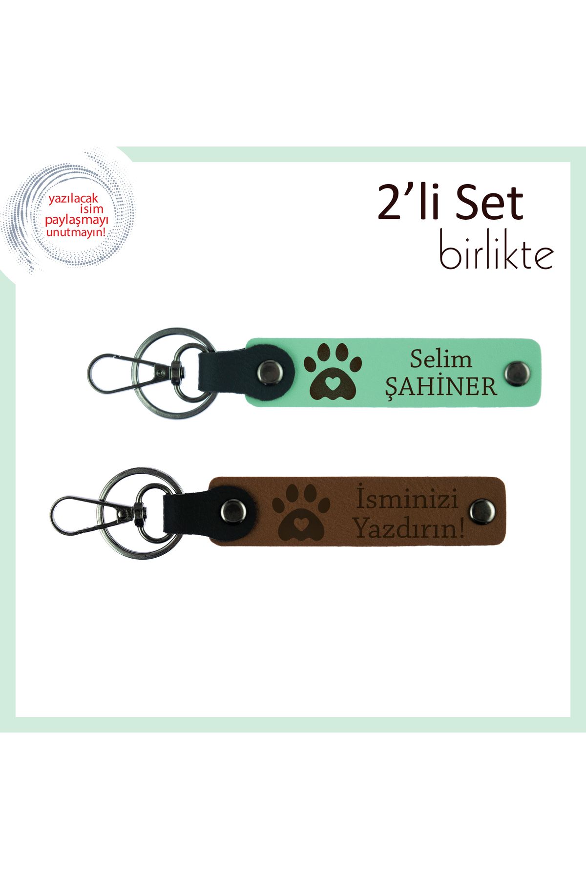 Miaju Hayvan Sahipleri İçin Kişisel Hediye, Kalpli Pati Desenli Anahtarlık Seti, Açık Yeşil-Açık Kahve