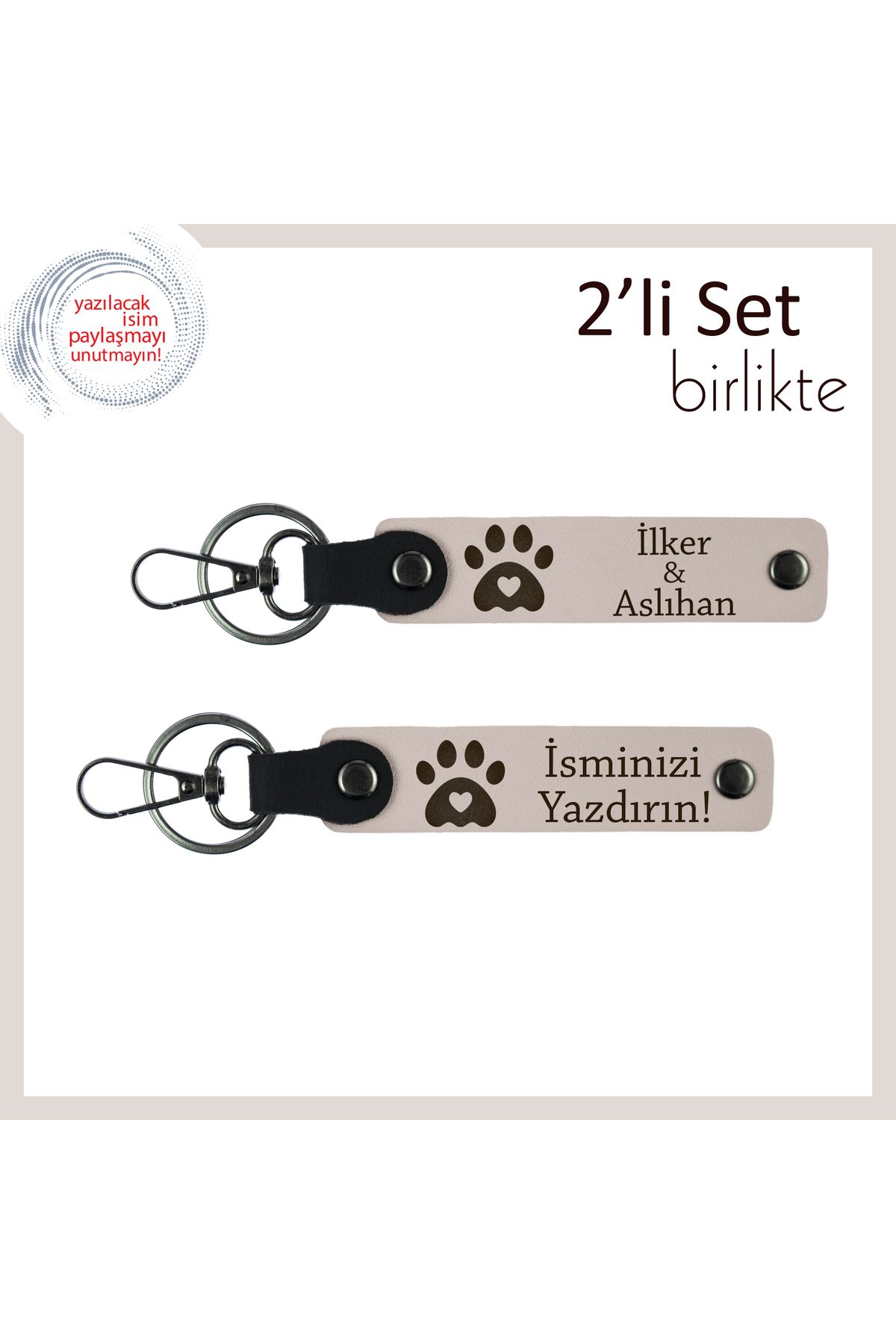 Miaju Kedi İsimli Yazılabilir Kalpli Pati Anahtarlık, Sevgiliye Özel Hediyelik Set, Pudra-Pudra