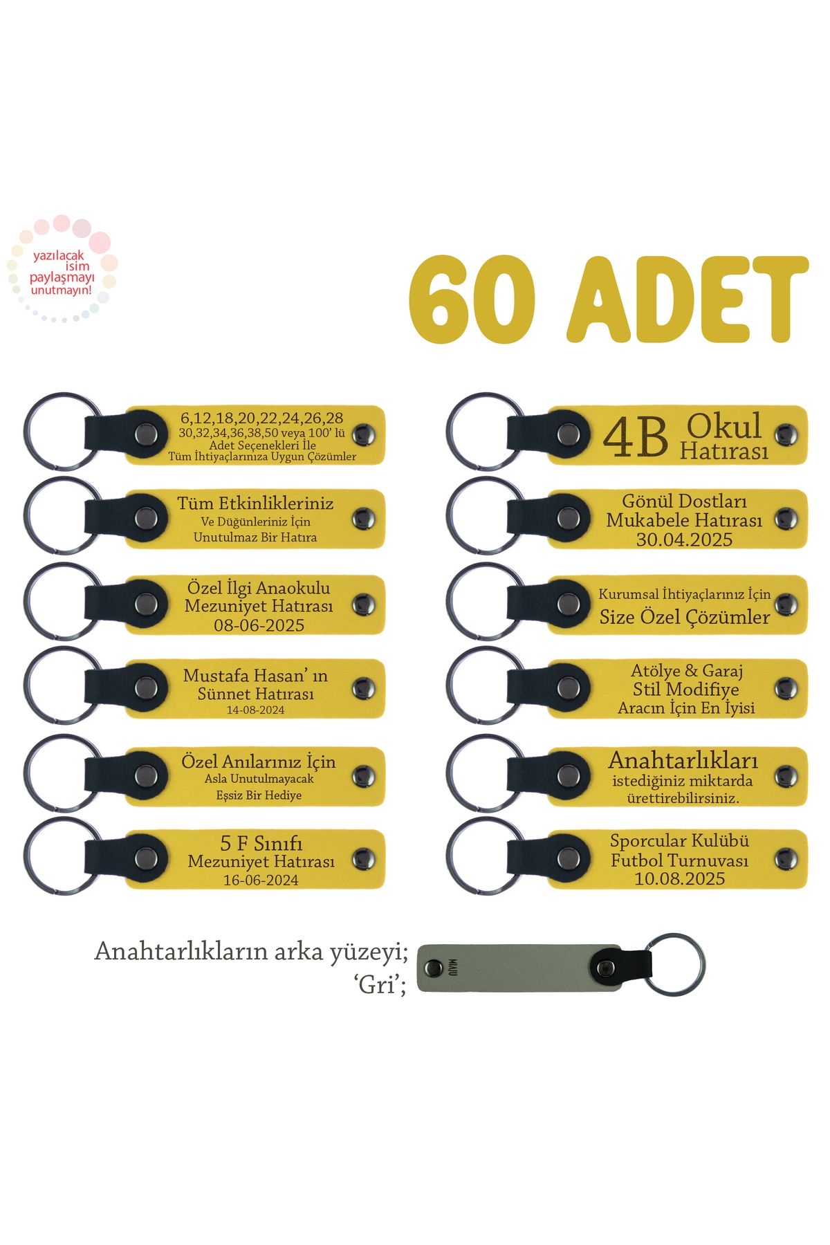 Miaju Sarı & Gri, Düğünlerde Dağıtılabilir Özel Hediye, 60'lı Set, Üzerine İsim Yazılan Anahtarlık