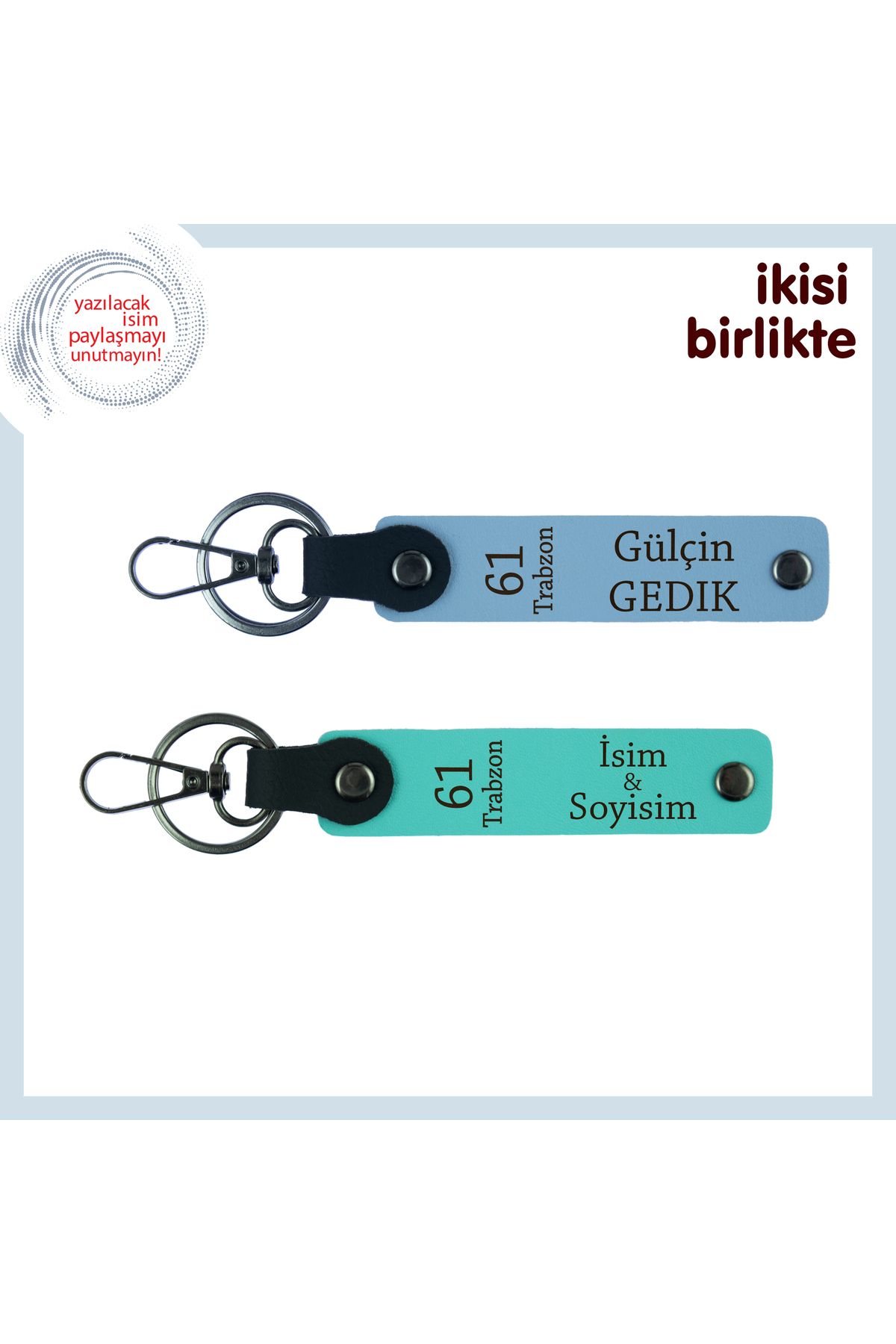 Miaju Yeni Mezun Trabzonluya Hediye, 61 Desenli Deri Anahtarlık Takımı, İsim Yazılı, Gök Mavi-Turkuaz